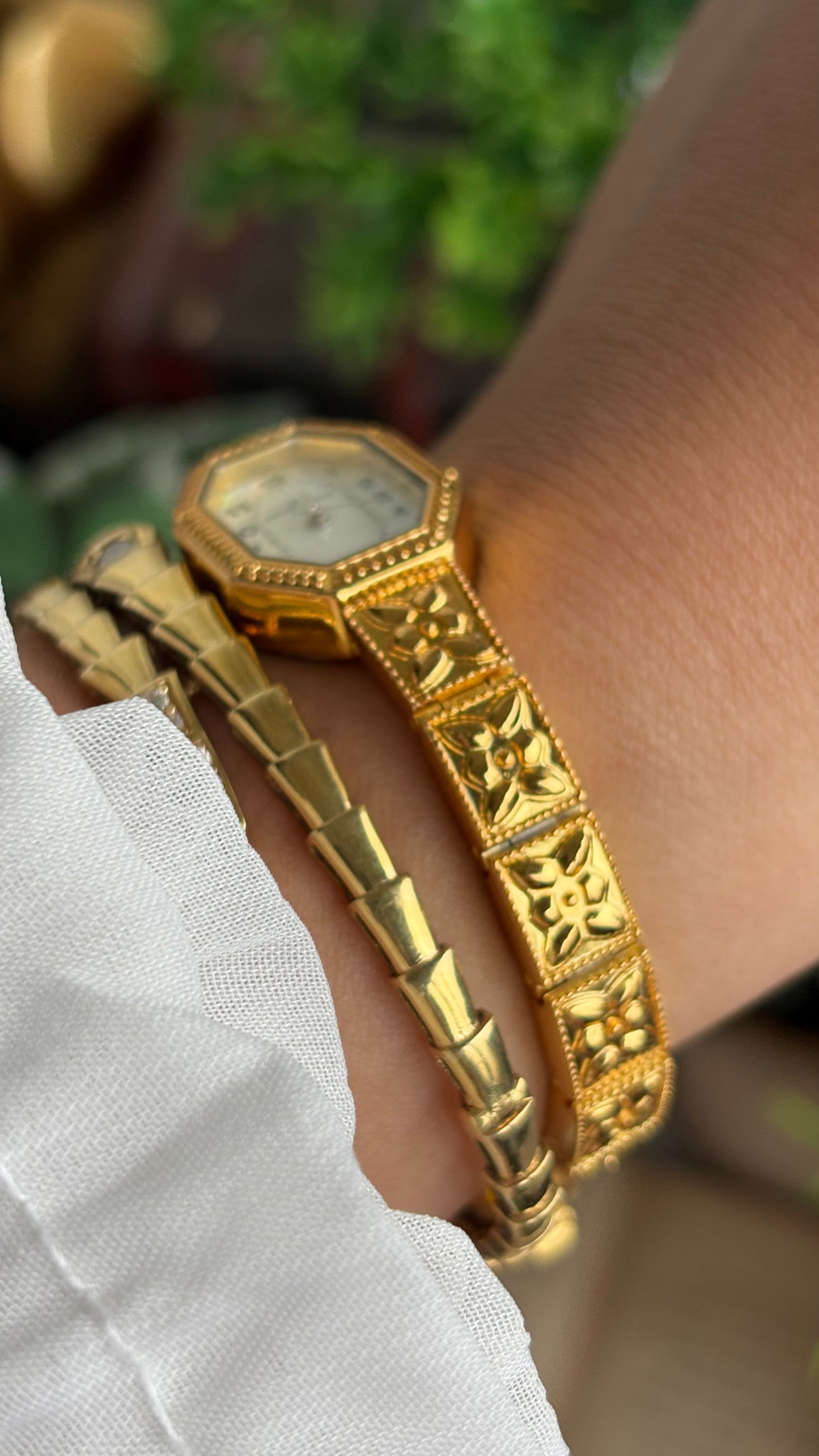 Extremely Rare Vintage Anne Klein Art Deco Watch in Gold Tone Mother of Pearl Dial