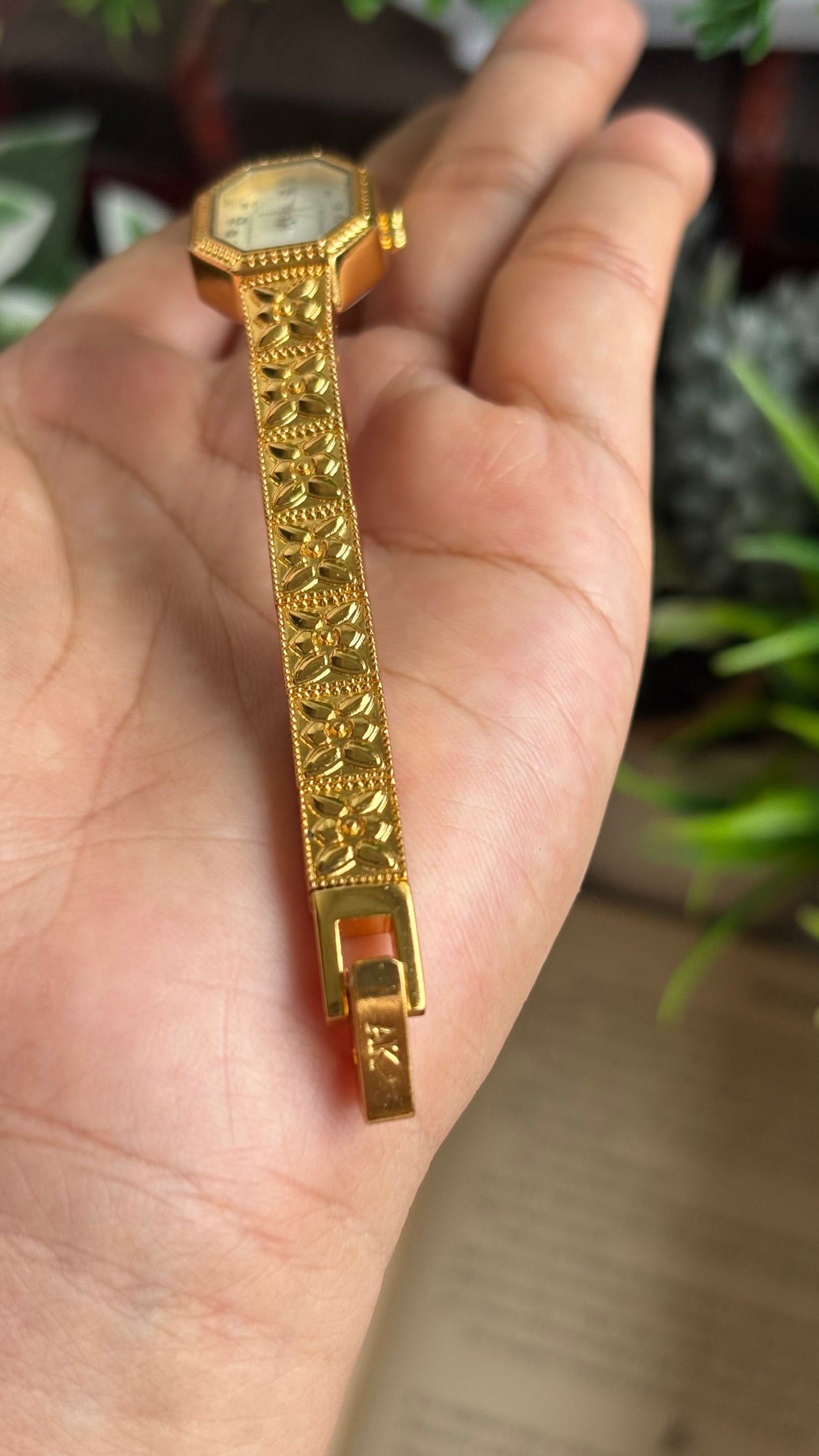 Extremely Rare Vintage Anne Klein Art Deco Watch in Gold Tone Mother of Pearl Dial