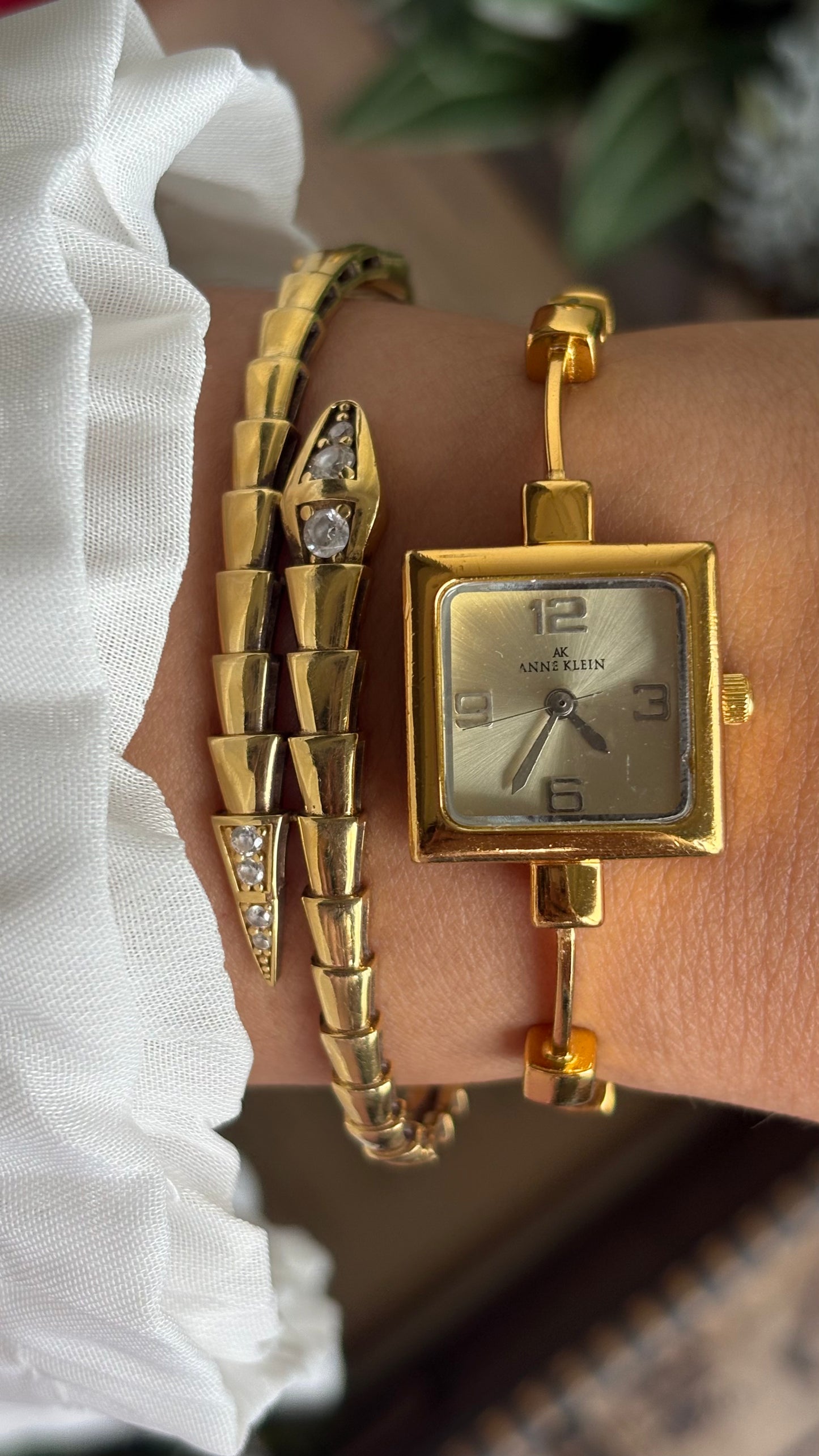 Extremely Rare Vintage Anne Klein Watch in Gold Tone Unique Bracelet Design