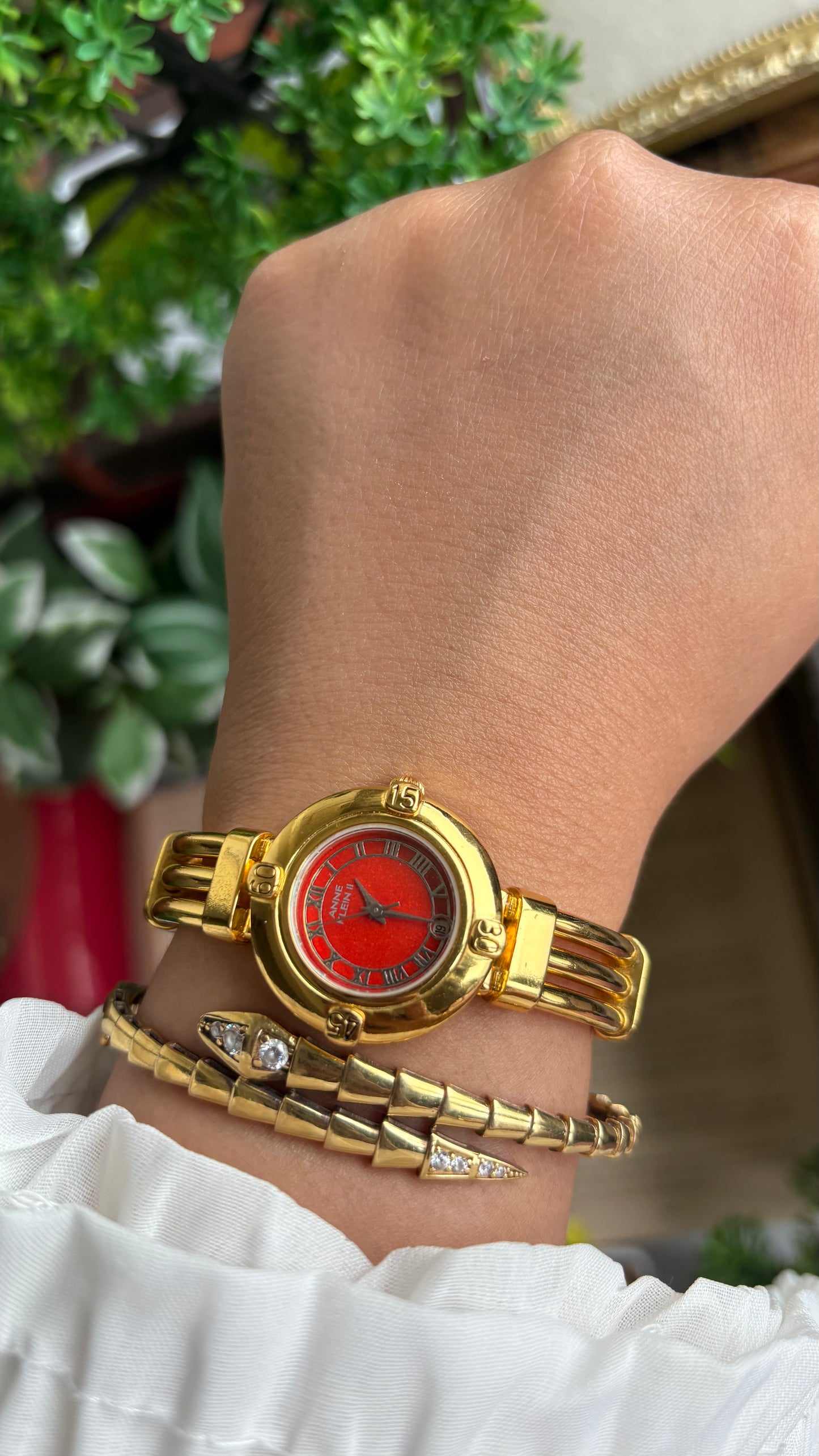 Vintage Anne Klein II Watch in Gold Tone Red Dial