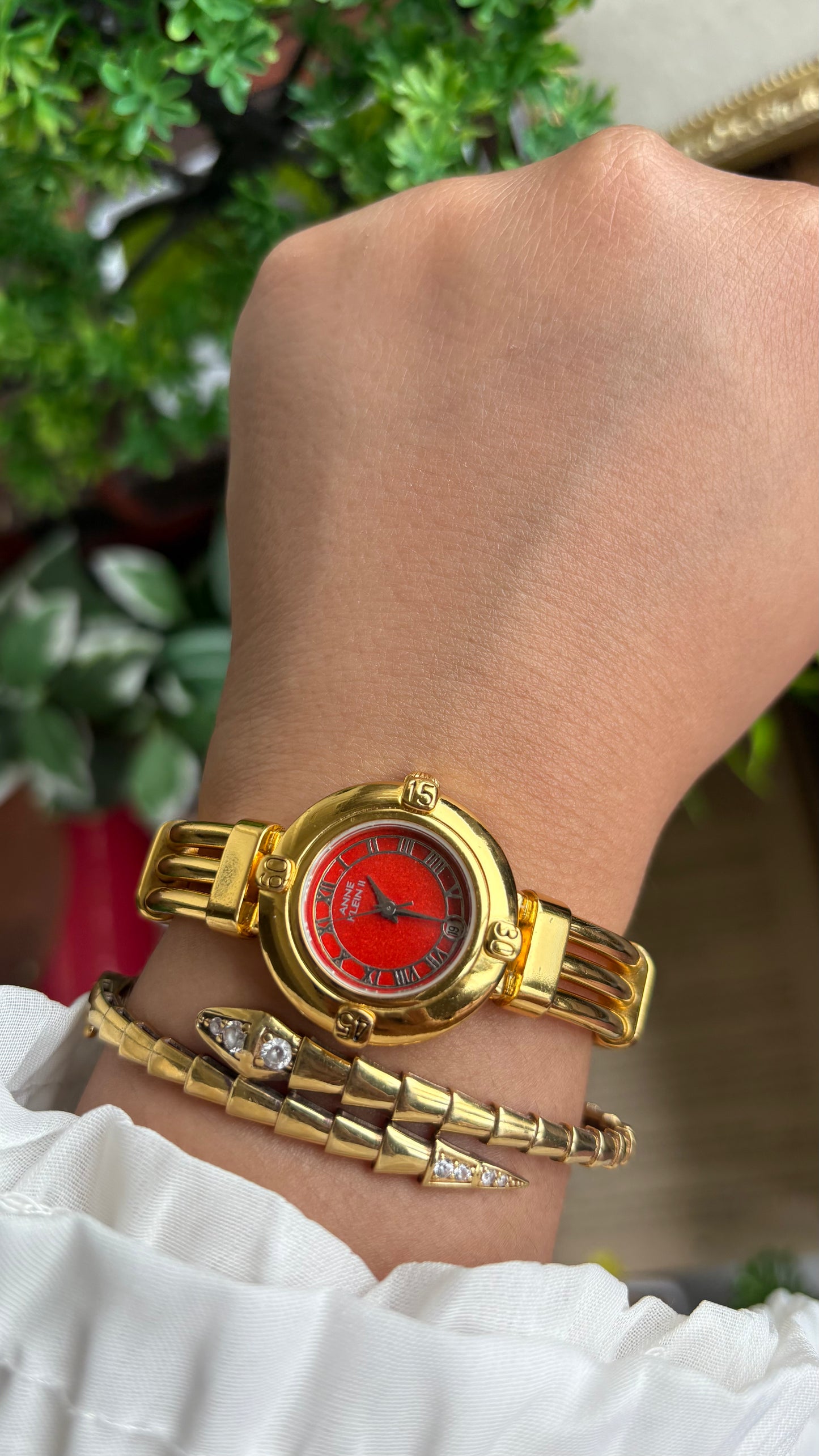 Vintage Anne Klein II Watch in Gold Tone Red Dial