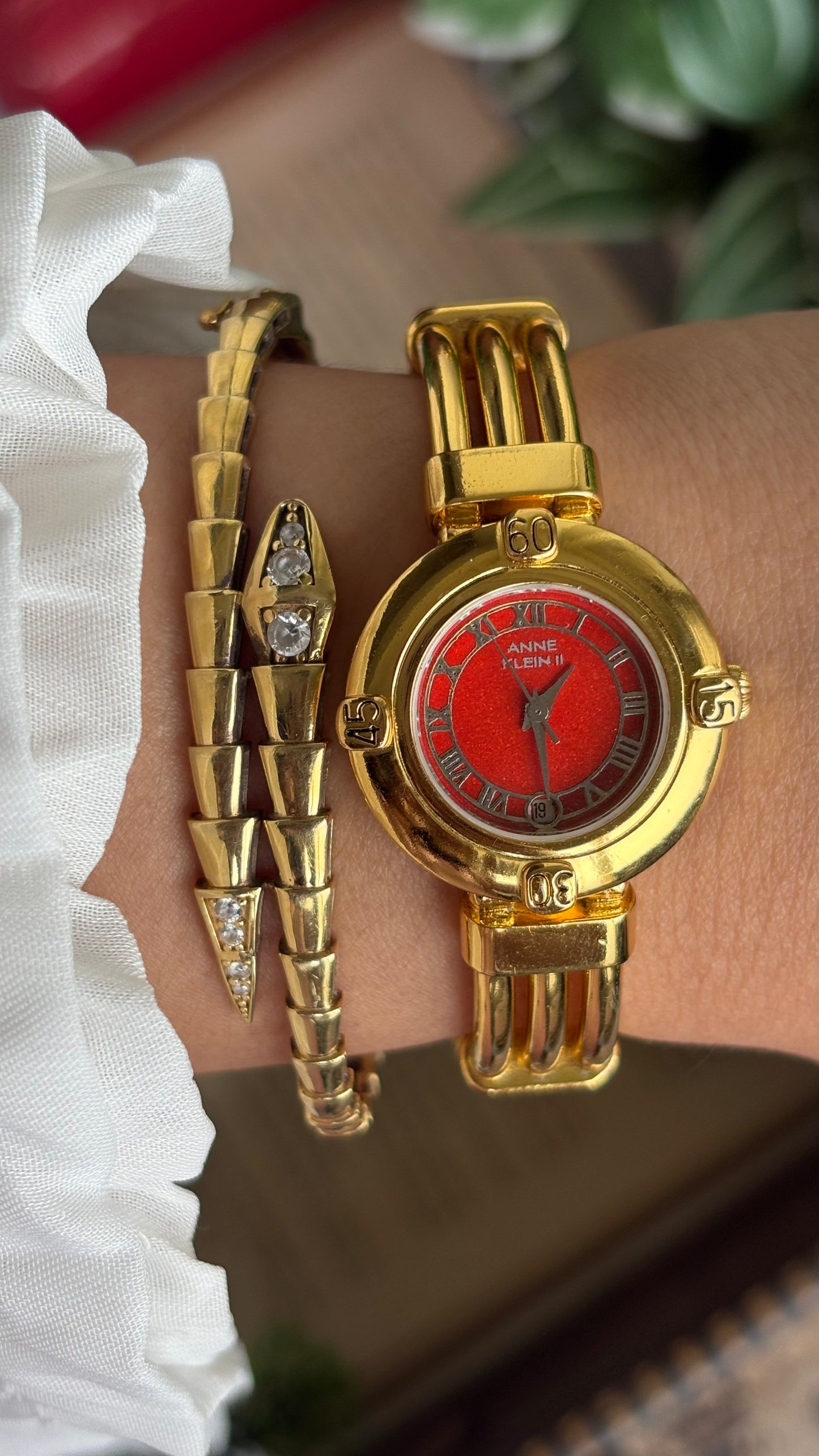 Vintage Anne Klein II Watch in Gold Tone Red Dial