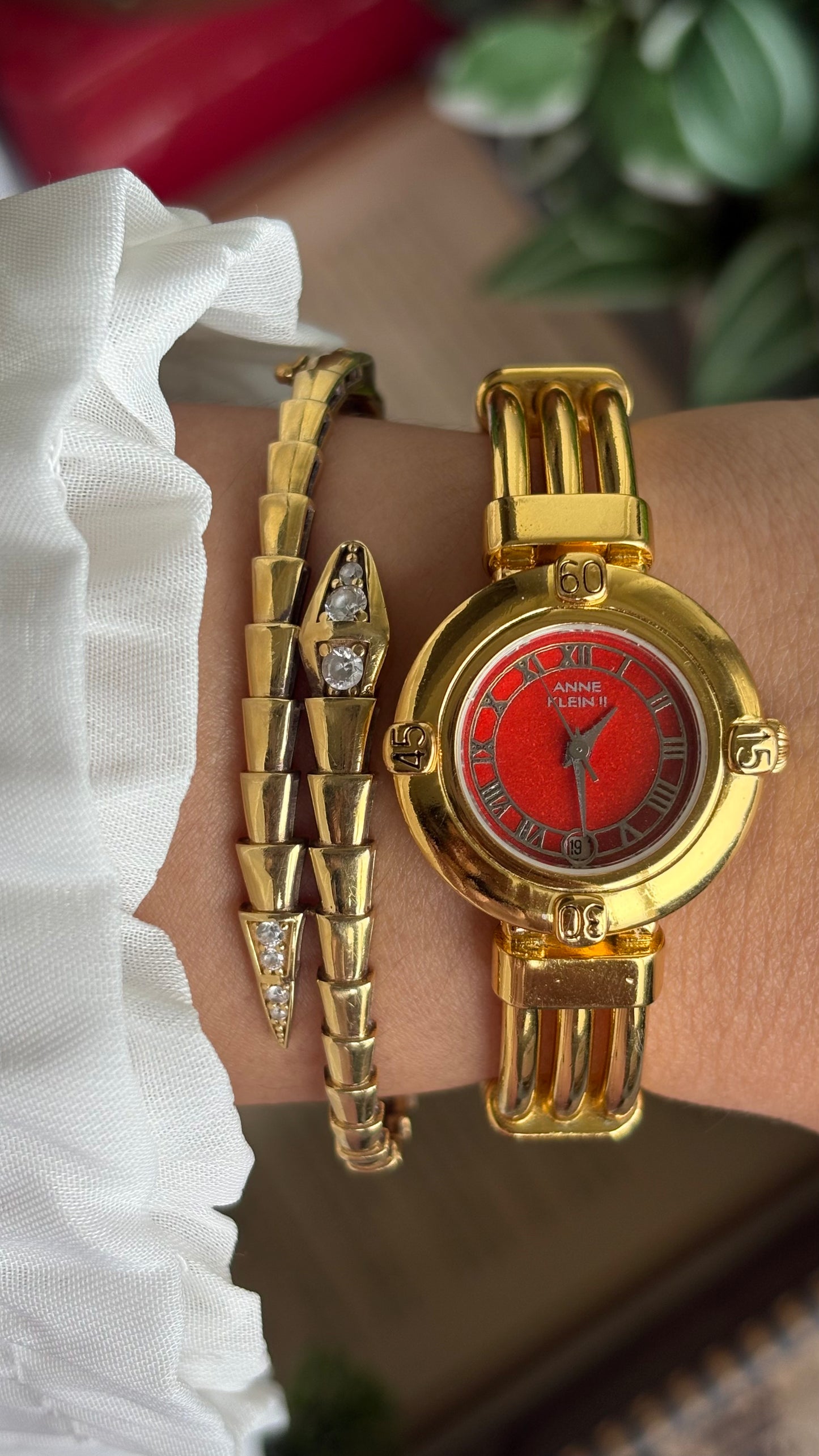 Vintage Anne Klein II Watch in Gold Tone Red Dial