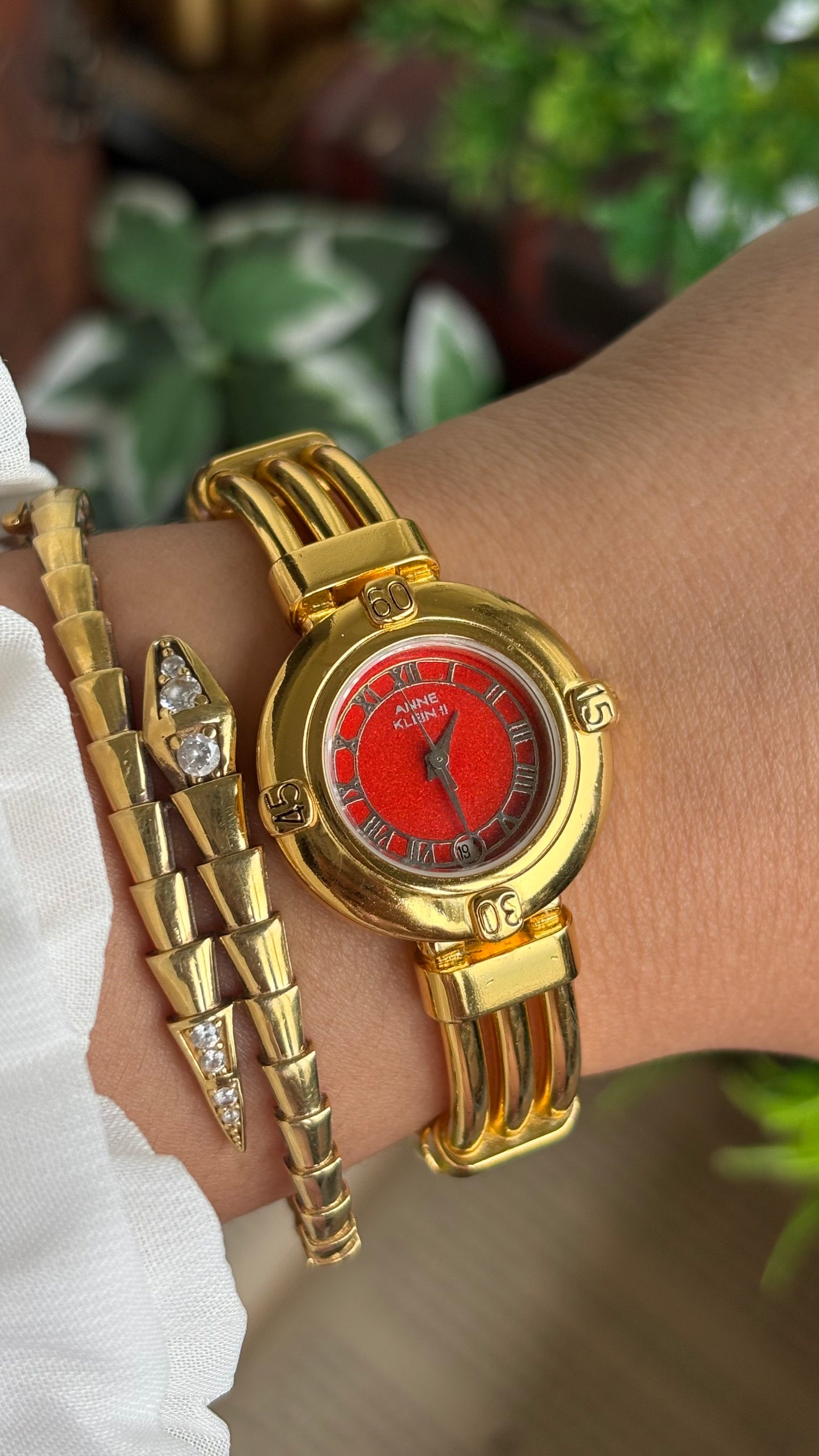 Vintage Anne Klein II Watch in Gold Tone Red Dial