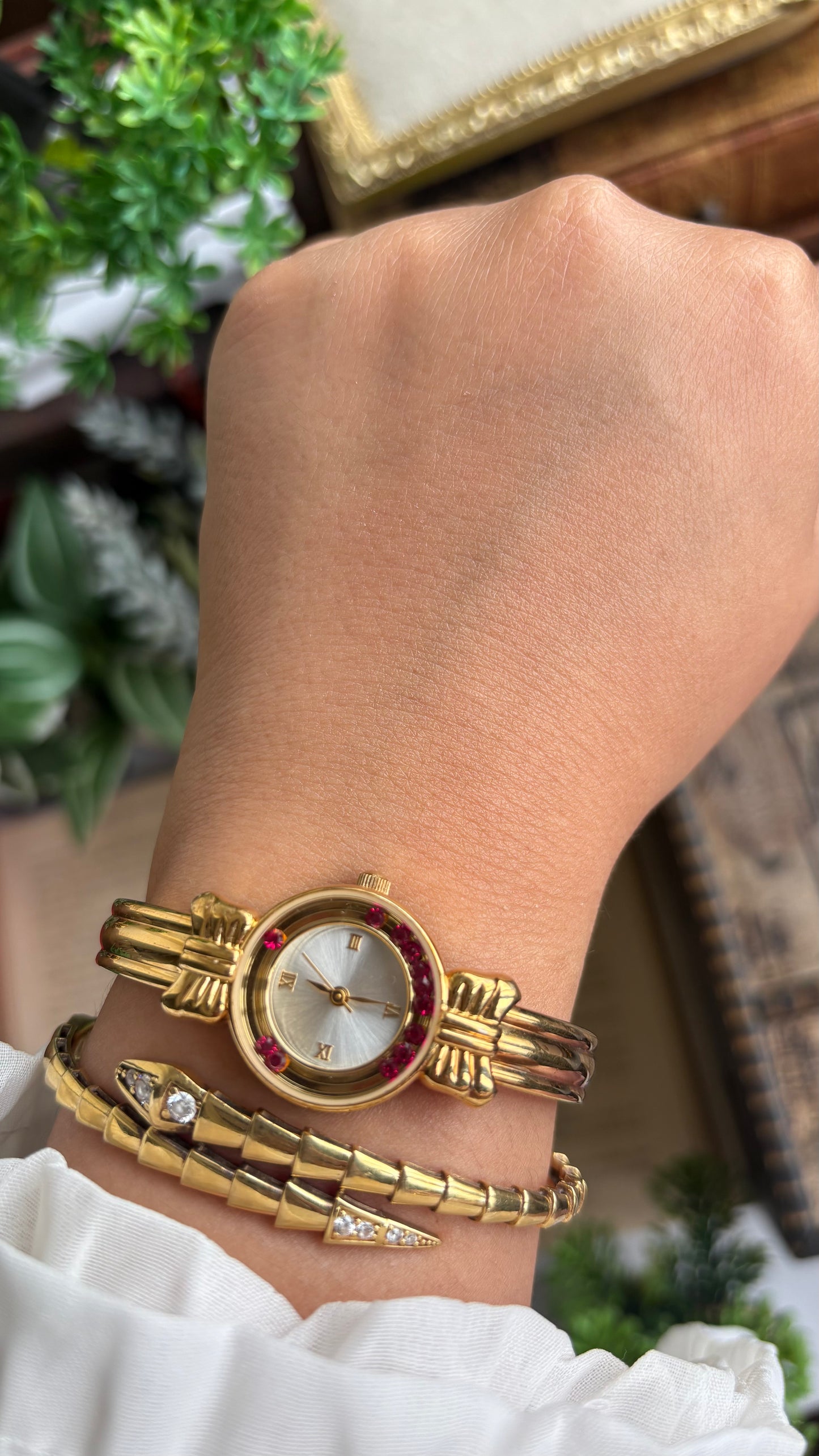 Vintage Coquette Watch in Gold Tone with Dancing Rubies