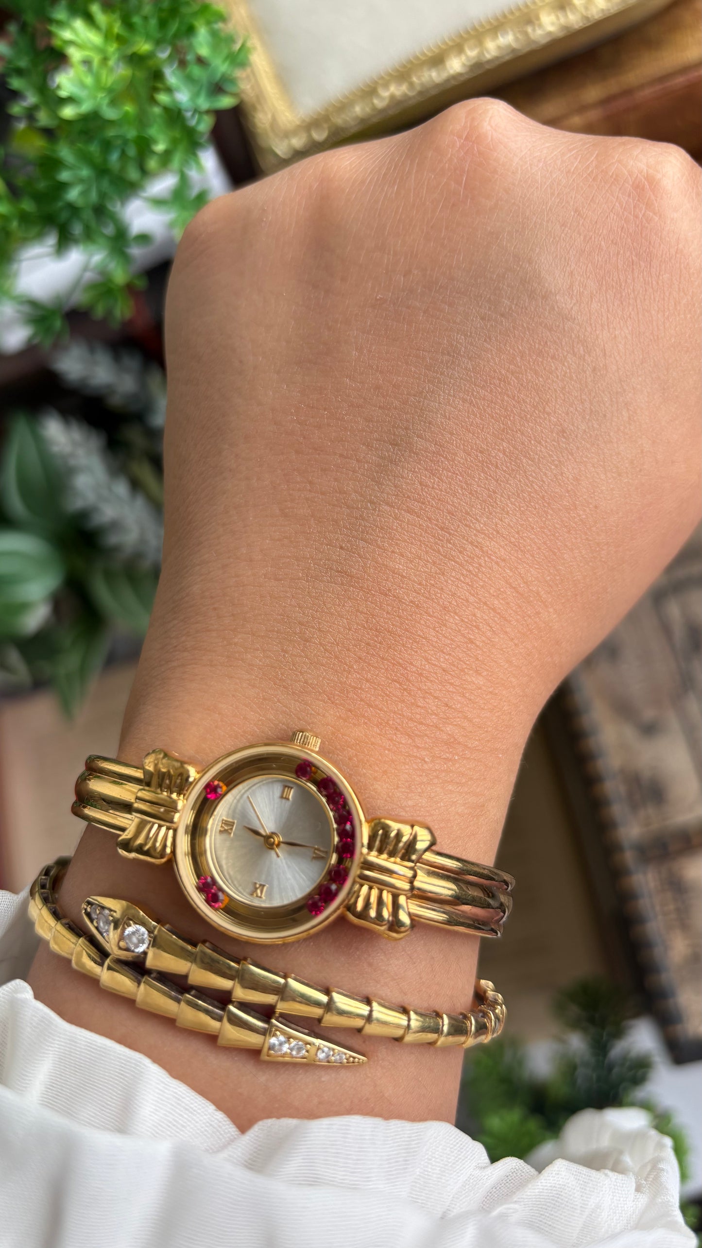 Vintage Coquette Watch in Gold Tone with Dancing Rubies