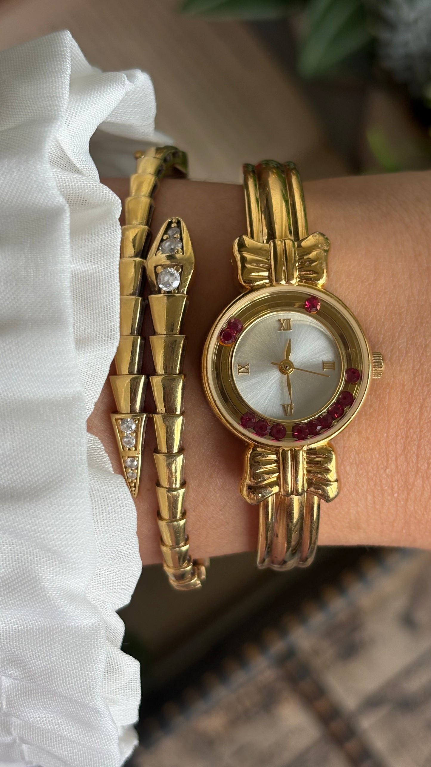 Vintage Coquette Watch in Gold Tone with Dancing Rubies