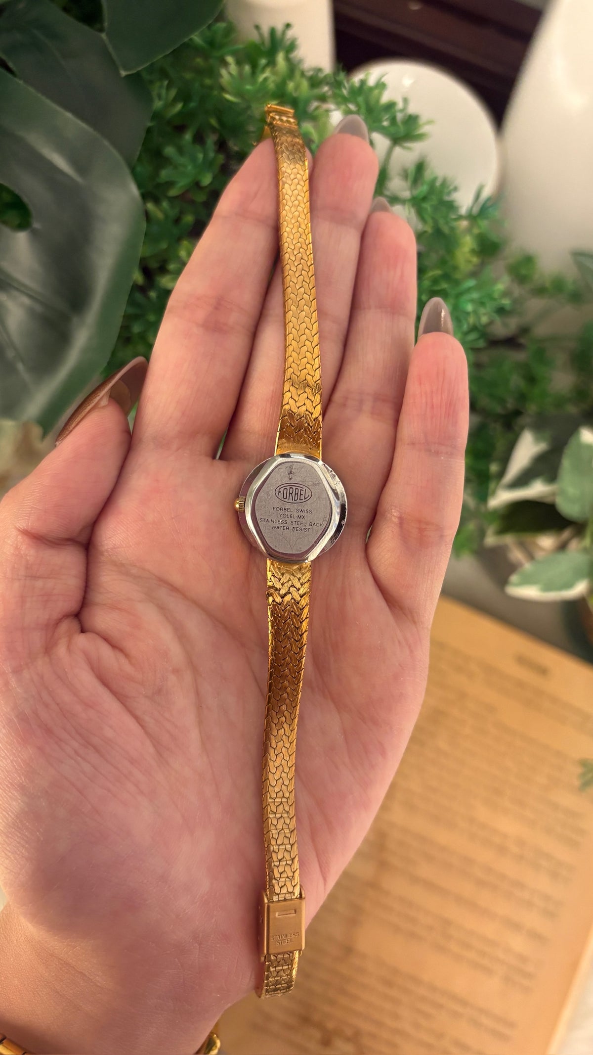 Extremely Rare Vintage Forbel Ruby Accented Bezel Dress Watch in Gold Tone Quartz