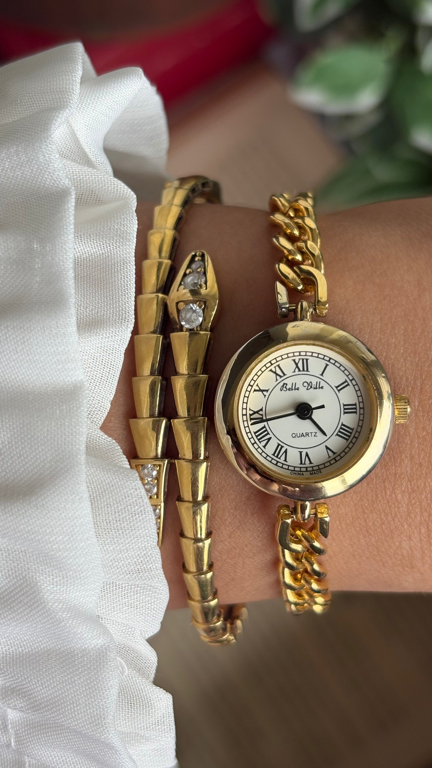 Vintage Belle Ville Chain Watch in Gold Tone Roman Dial
