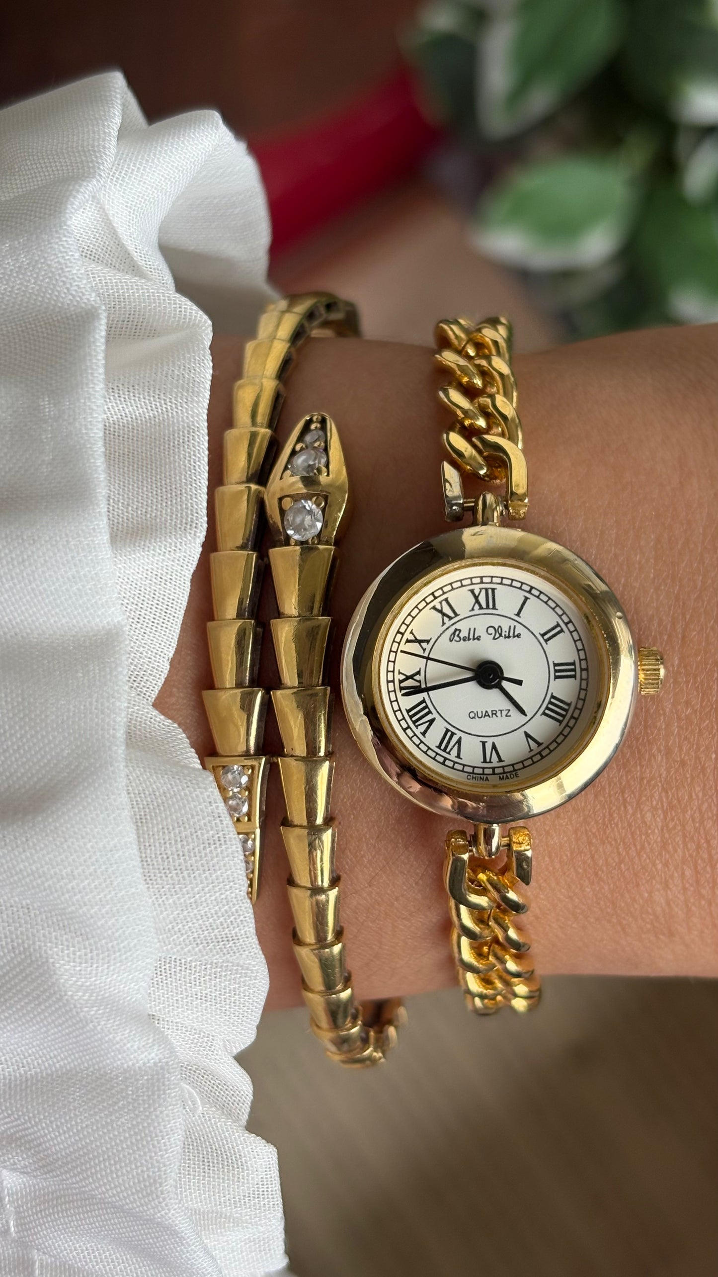 Vintage Belle Ville Chain Watch in Gold Tone Roman Dial