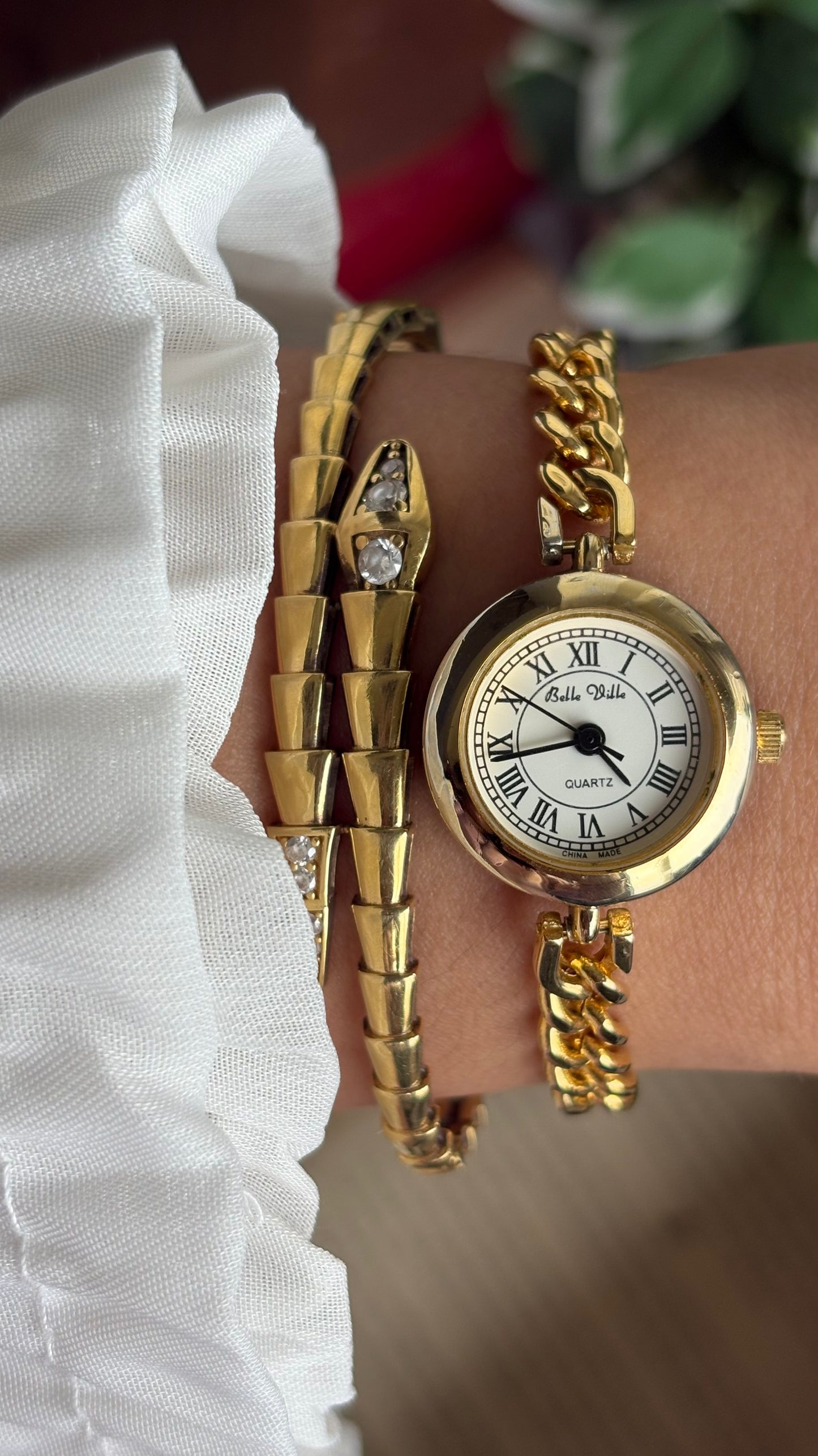 Vintage Belle Ville Chain Watch in Gold Tone Roman Dial