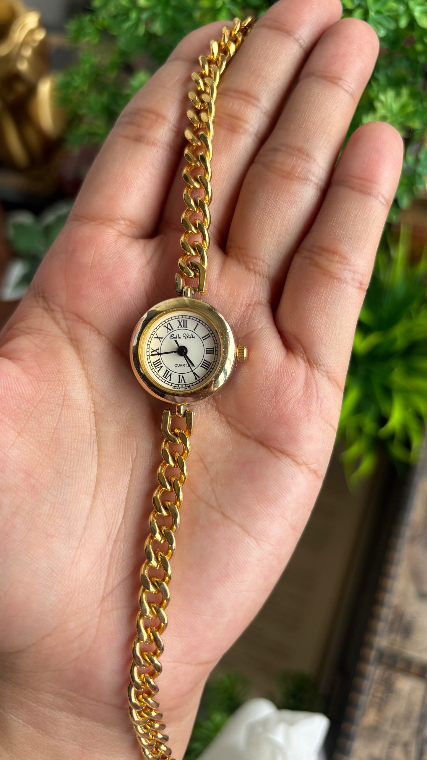 Vintage Belle Ville Chain Watch in Gold Tone Roman Dial