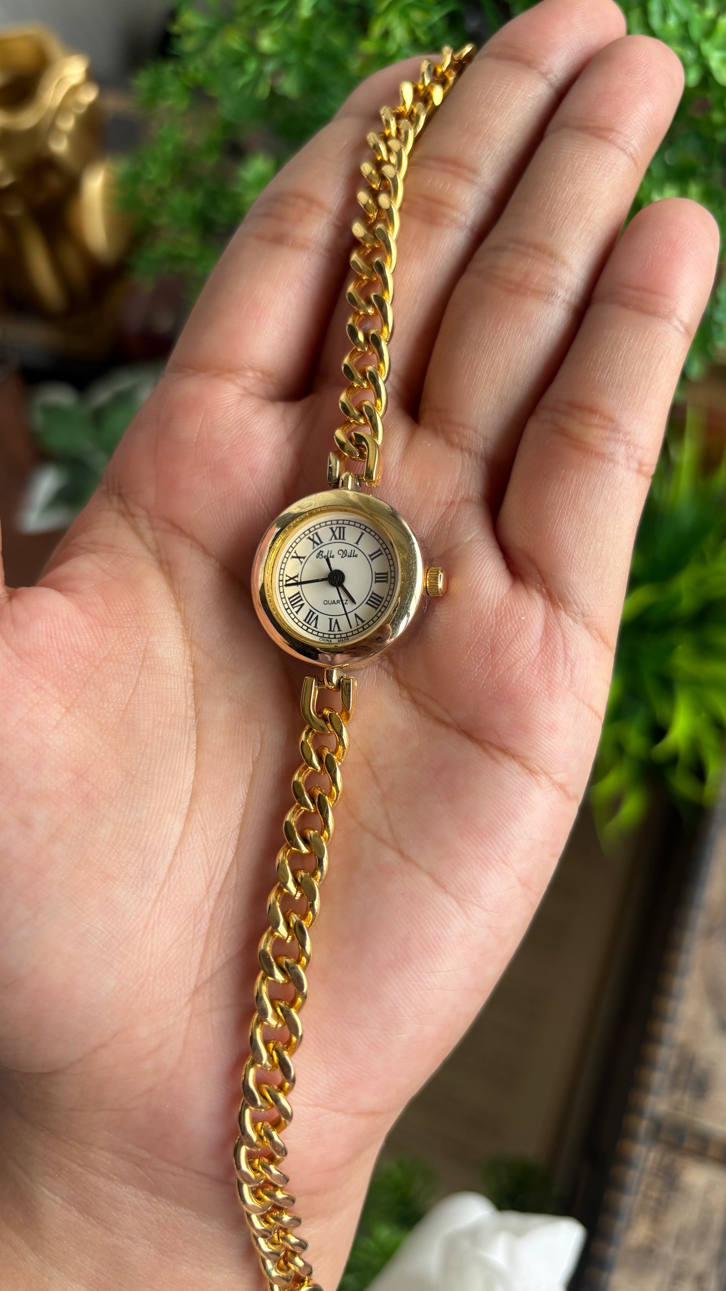 Vintage Belle Ville Chain Watch in Gold Tone Roman Dial