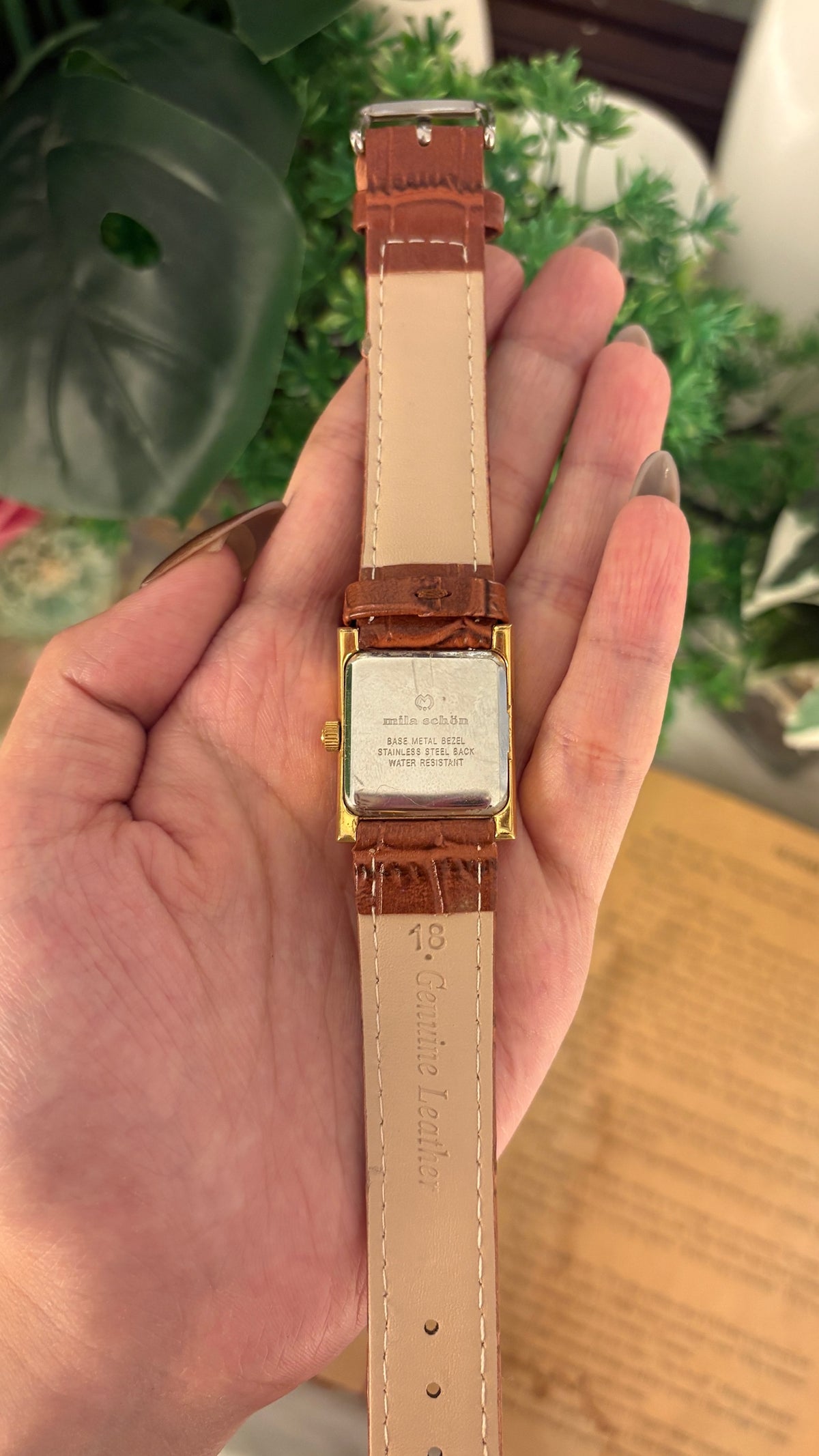 Rare Vintage Mila Schon Tank Watch in Gold Tone Brown Leather Quartz
