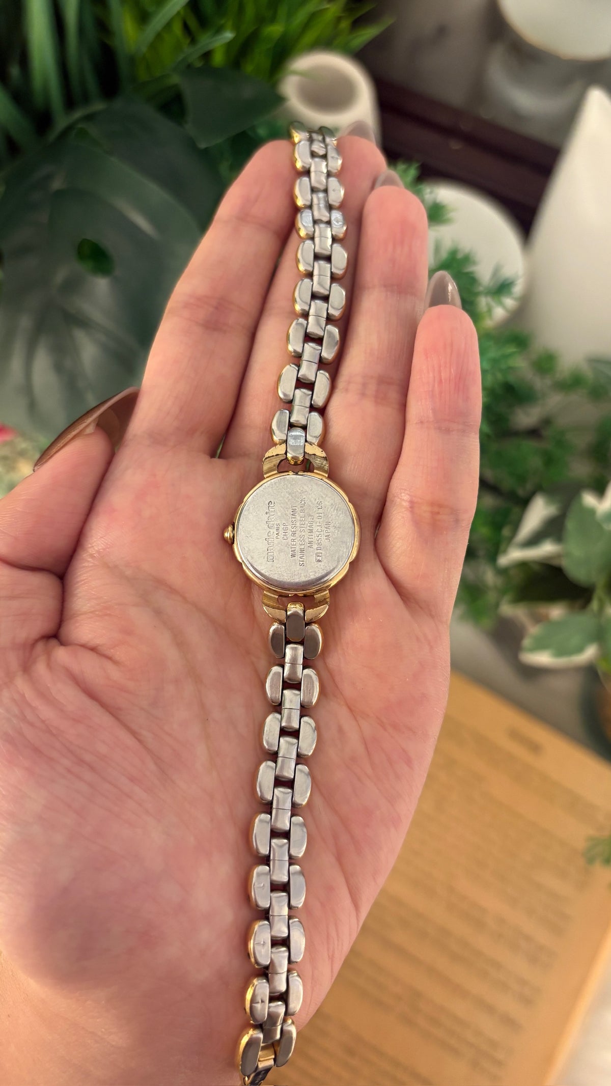 Rare Vintage Marie Claire Light Pink Flower Dial Bracelet Watch in Gold Tone Quartz