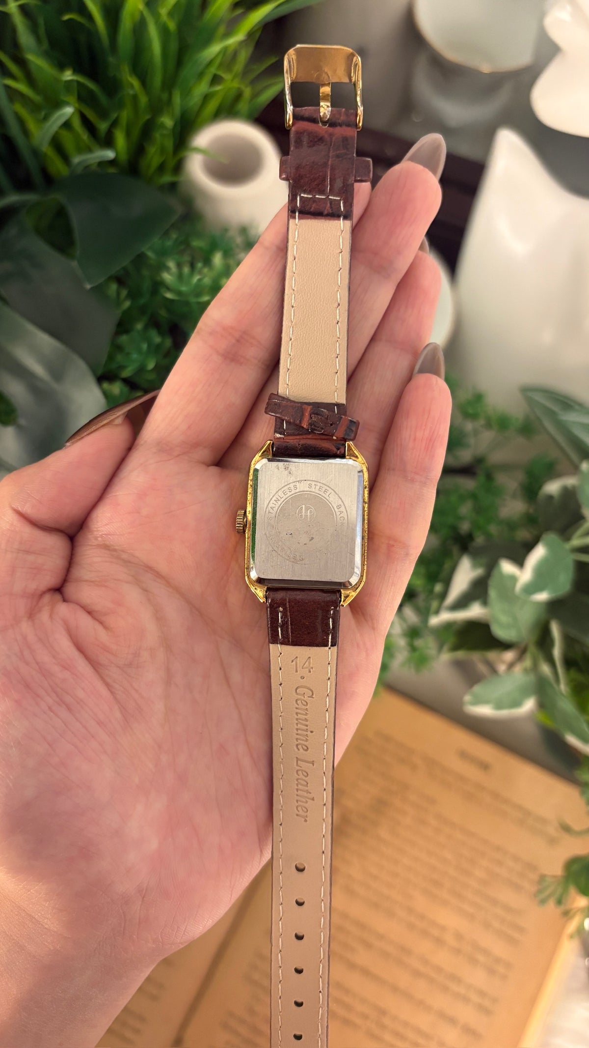 Vintage Pablo Raez Minimalist Tank Watch in Gold Tone Brown Leather Quartz