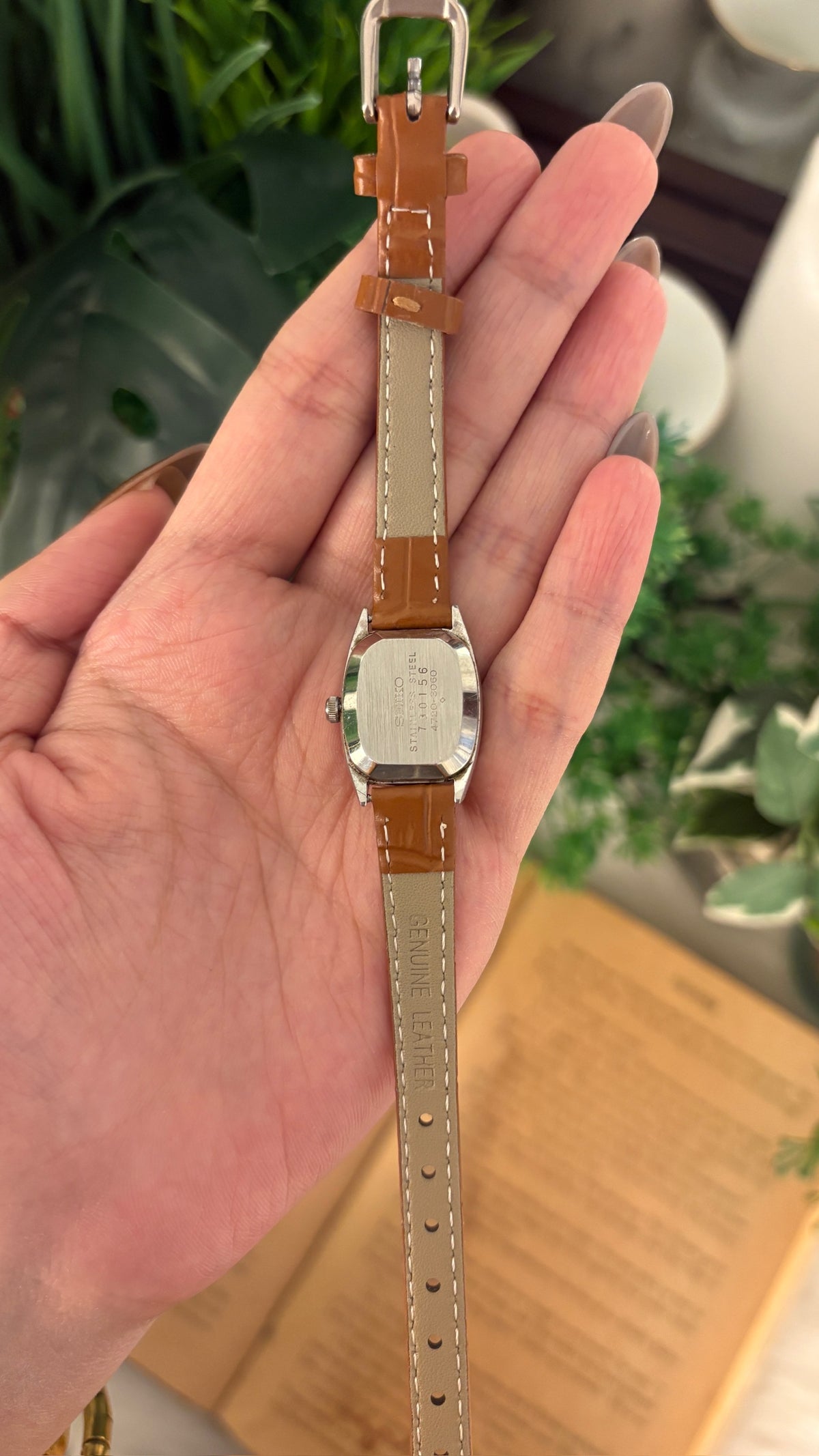 Rare Dainty Vintage Seiko Oval Dial Watch in Silver Tone Brown Leather Quartz