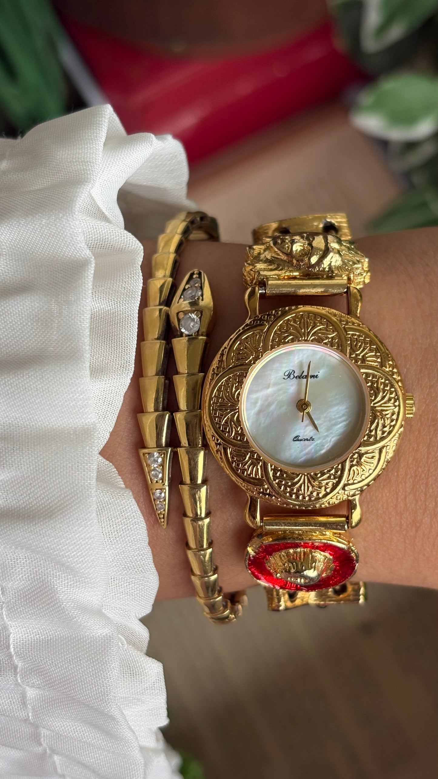 Vintage Belami Rare Cowgirl Charm Watch in Gold Tone Mother of Pearl Dial