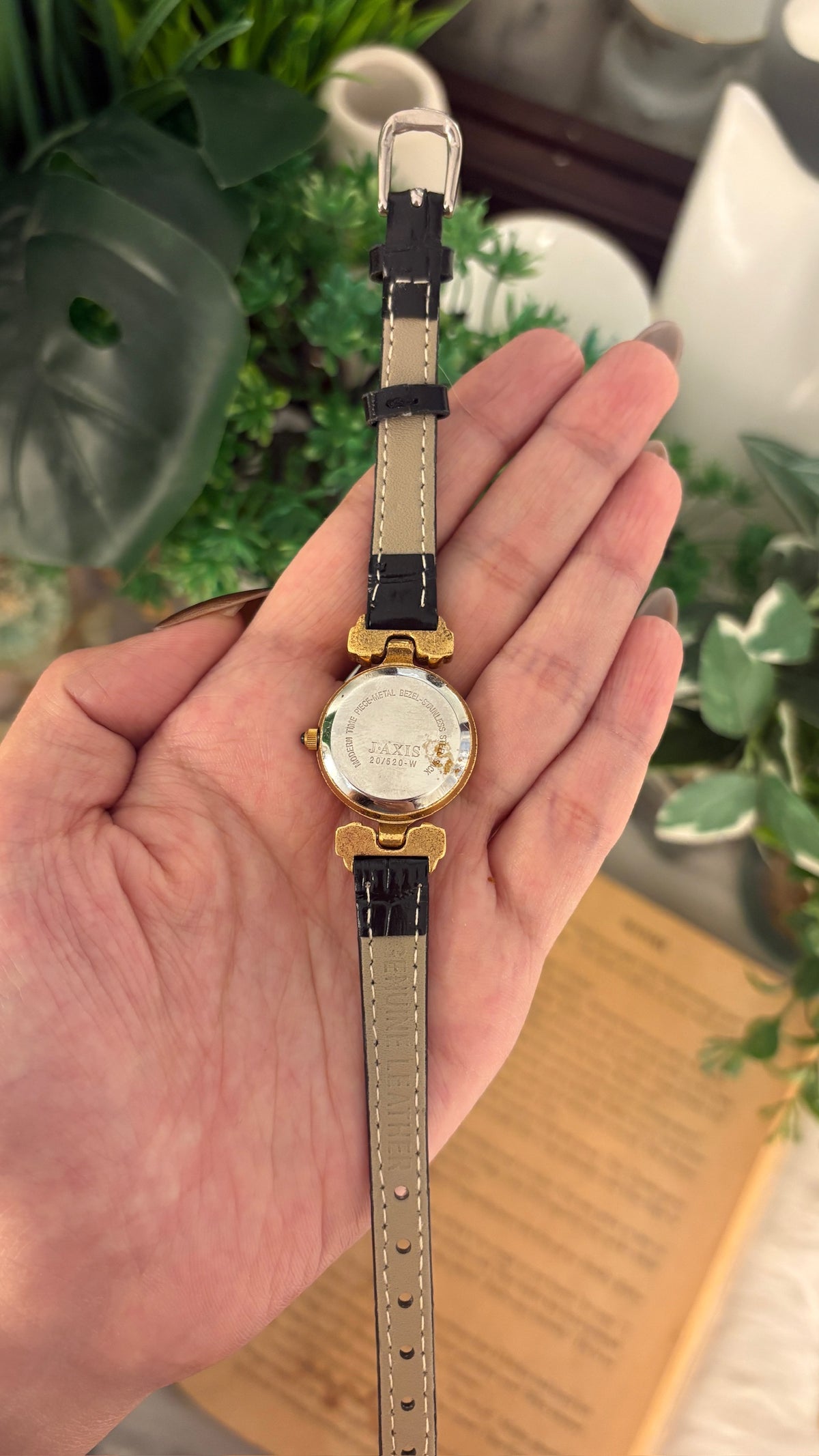 Rare Vintage Lamue Red Dial Bejweled Watch in Gold Tone Black Leather Quartz