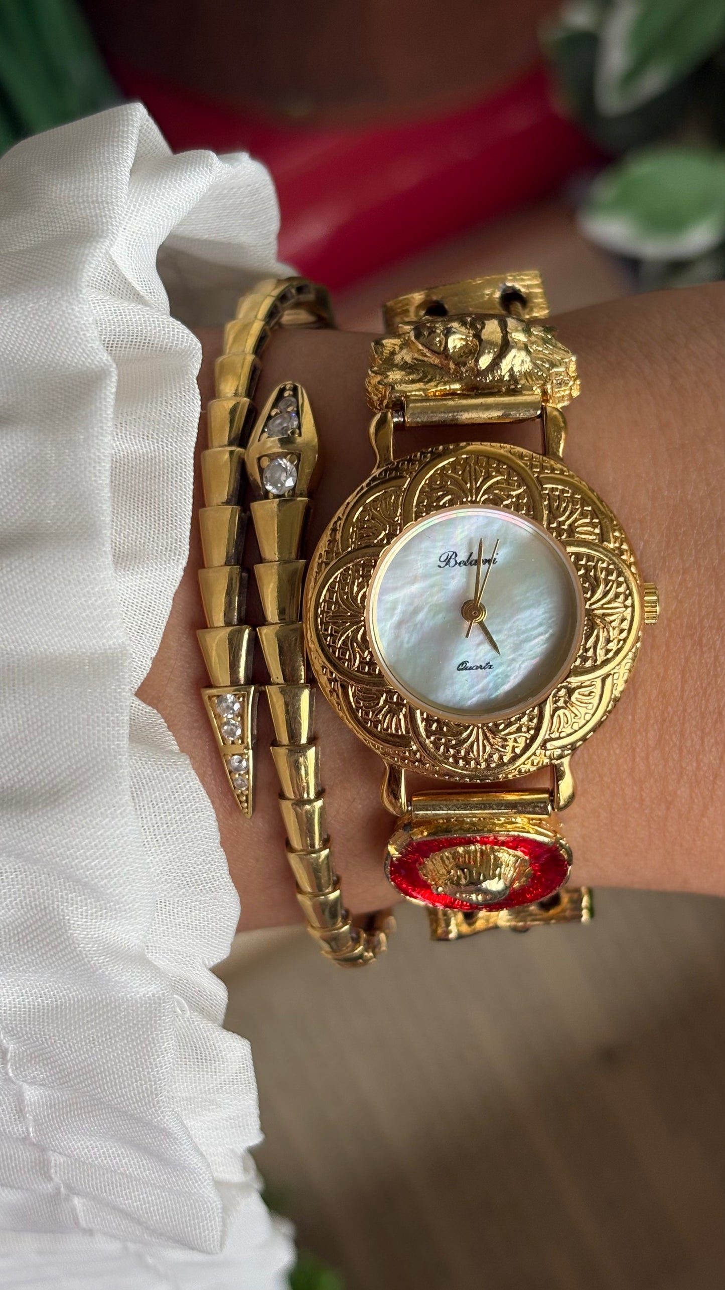Vintage Belami Rare Cowgirl Charm Watch in Gold Tone Mother of Pearl Dial