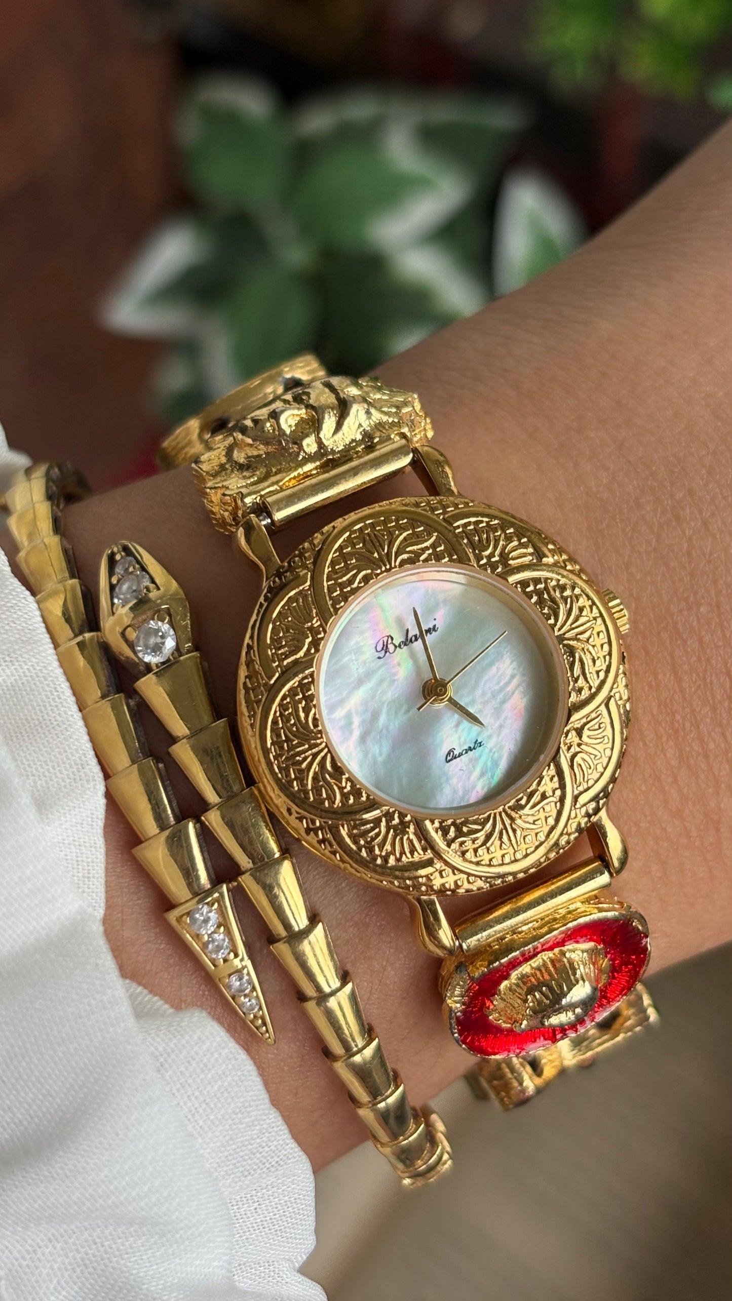 Vintage Belami Rare Cowgirl Charm Watch in Gold Tone Mother of Pearl Dial