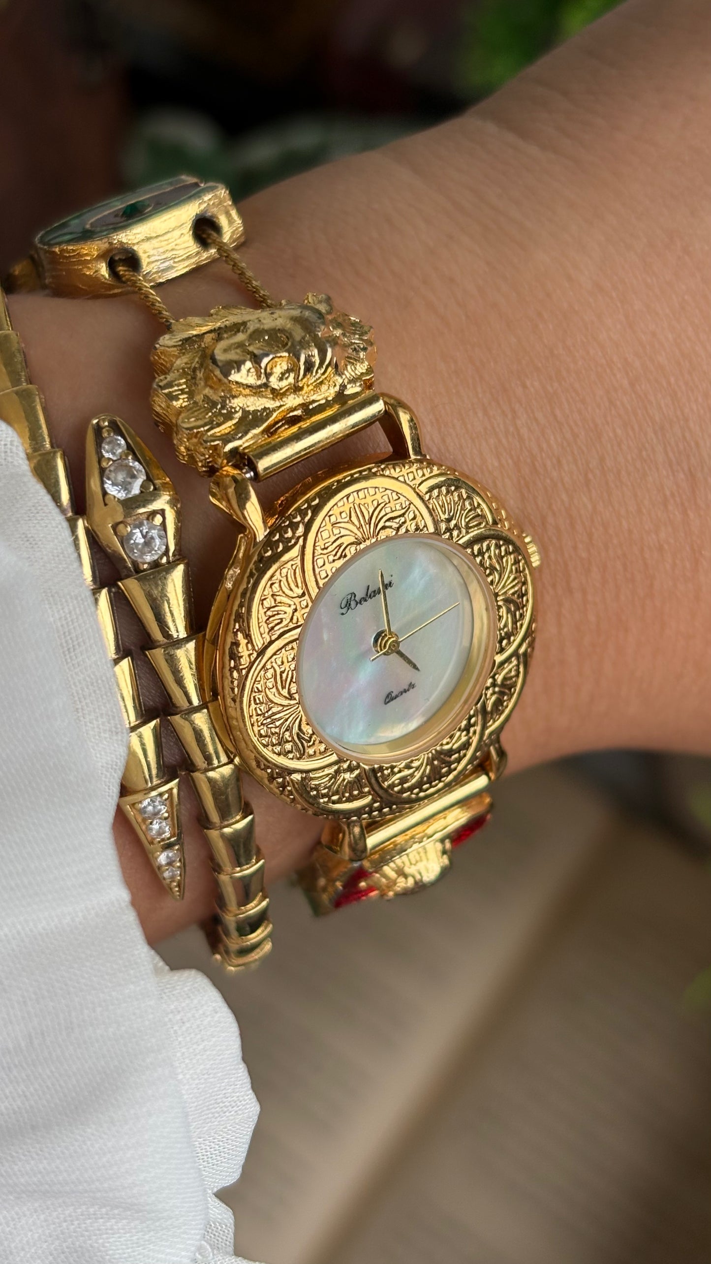 Vintage Belami Rare Cowgirl Charm Watch in Gold Tone Mother of Pearl Dial