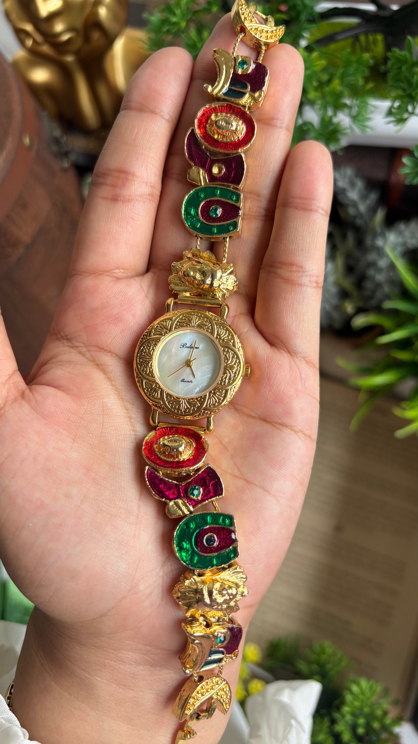 Vintage Belami Rare Cowgirl Charm Watch in Gold Tone Mother of Pearl Dial