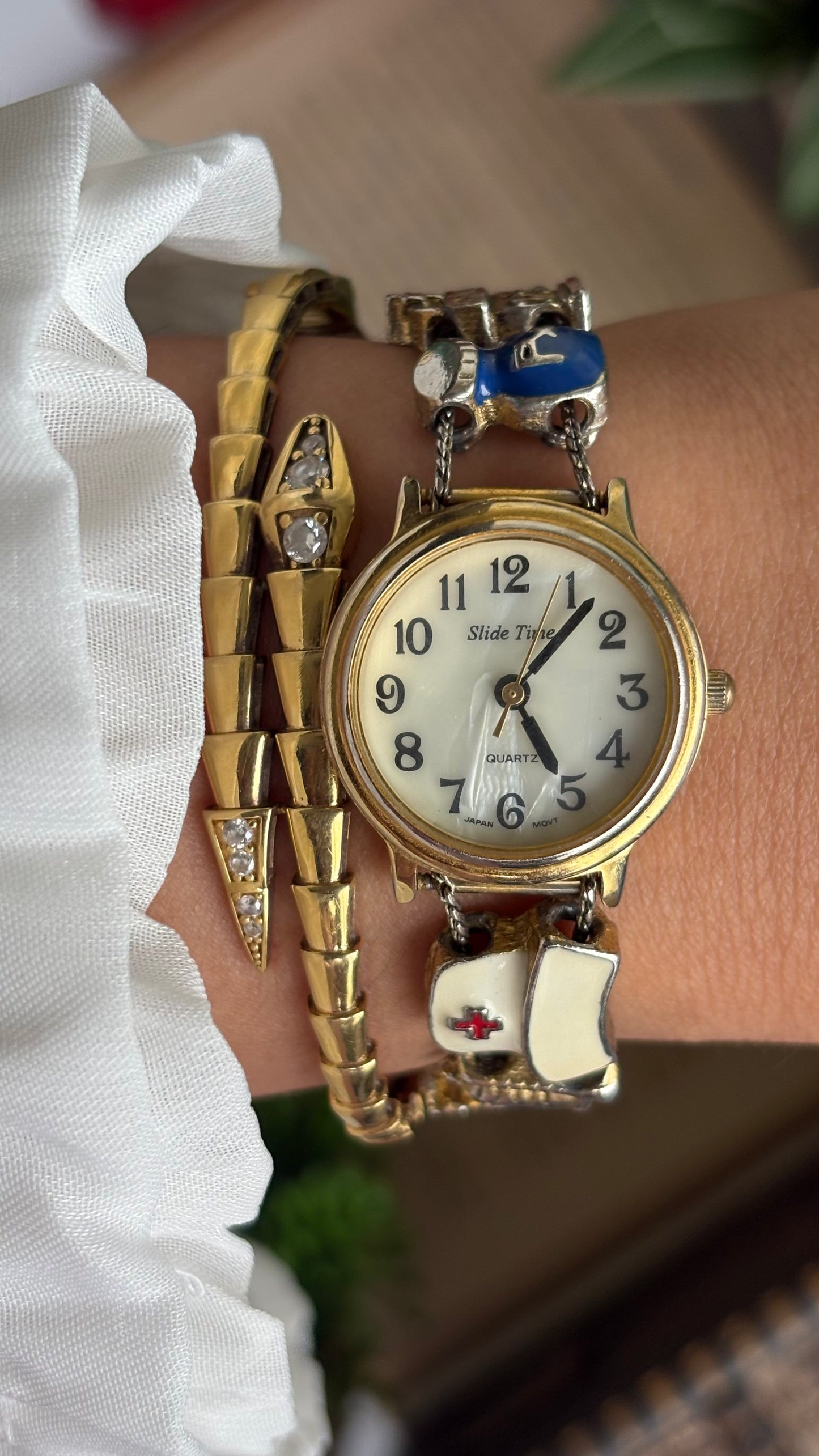 Vintage Medical Profession Charm Watch in Two-Tone Mother of Pearl Dial