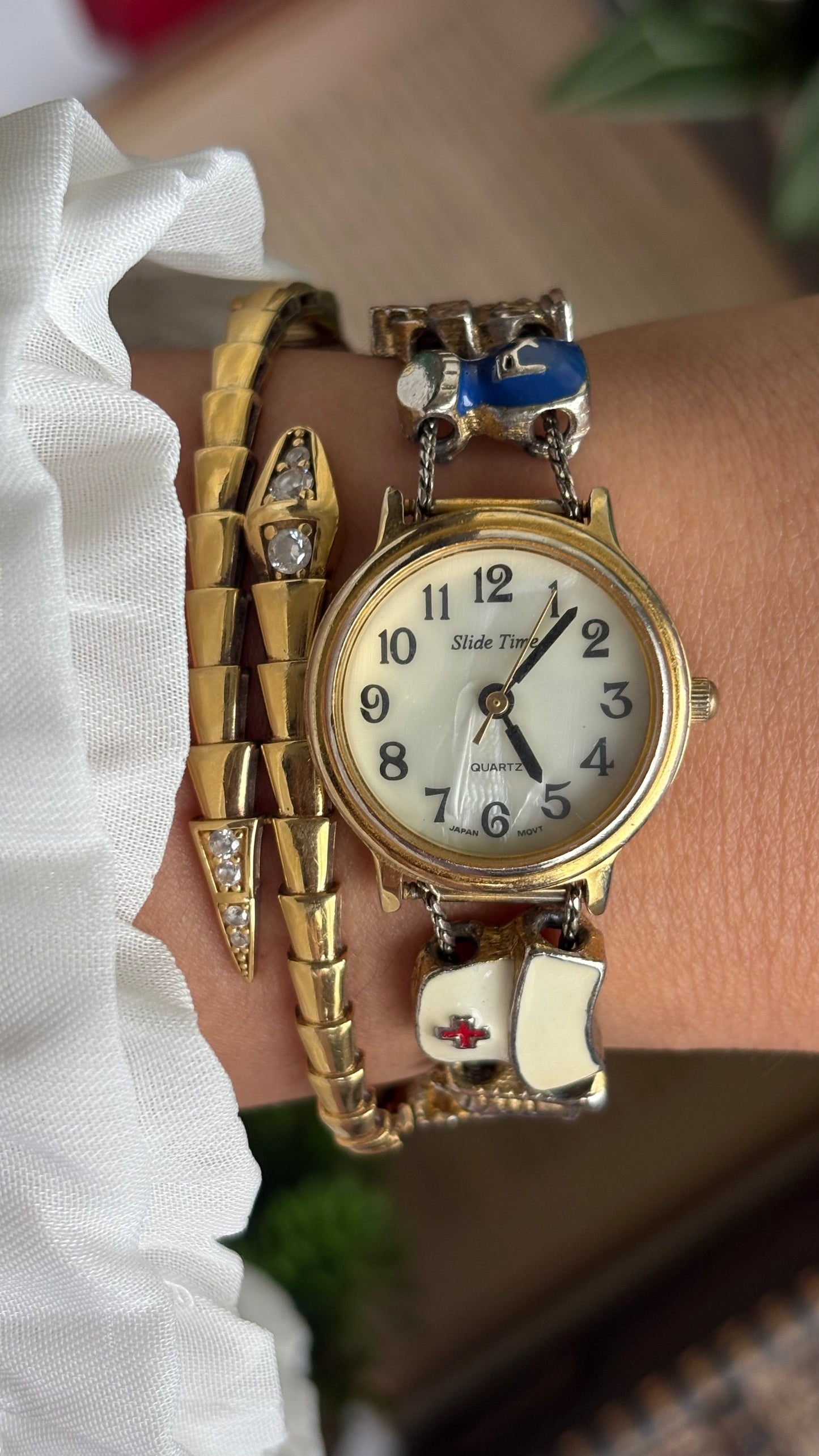 Vintage Medical Profession Charm Watch in Two-Tone Mother of Pearl Dial