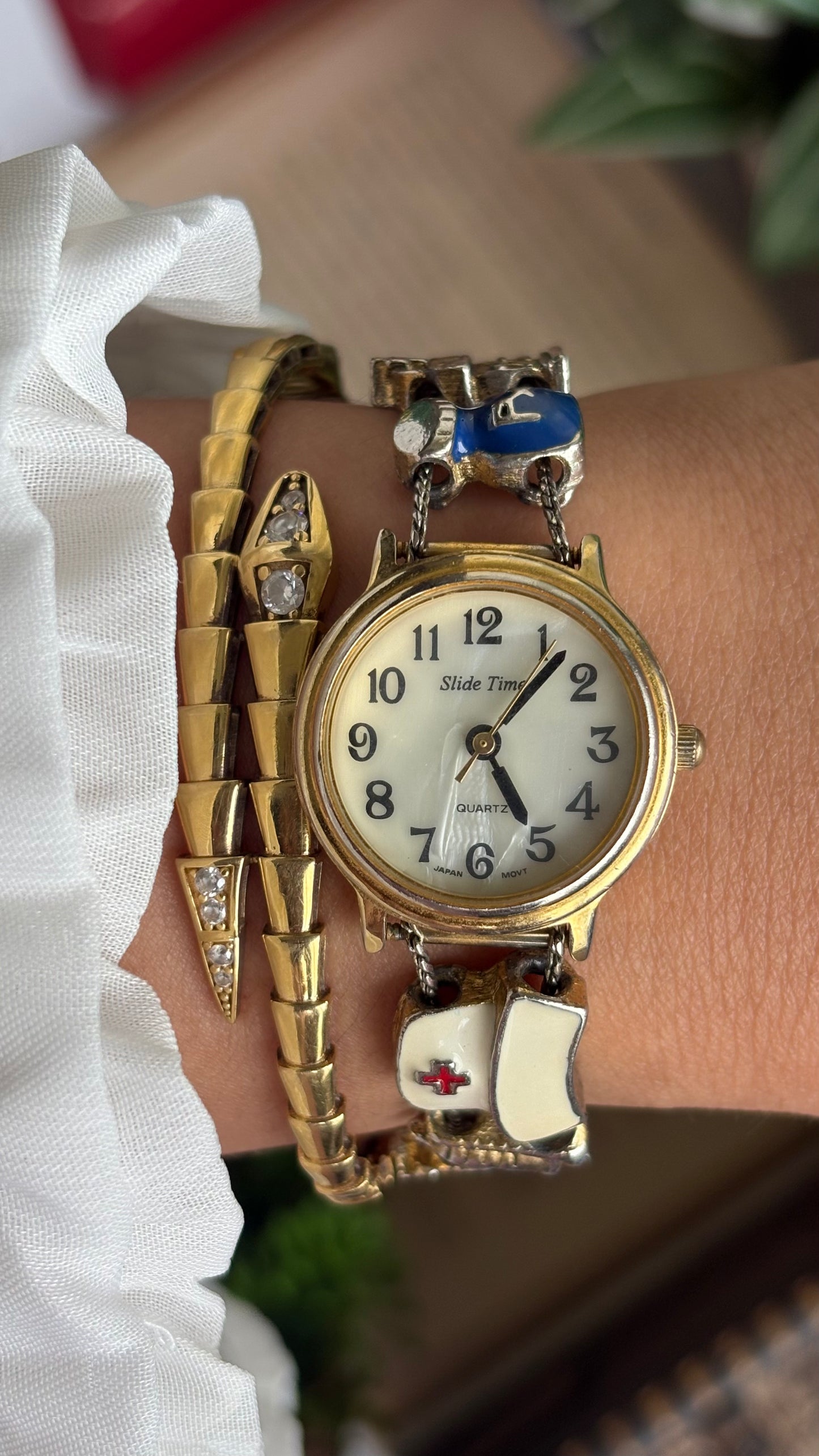 Vintage Medical Profession Charm Watch in Two-Tone Mother of Pearl Dial