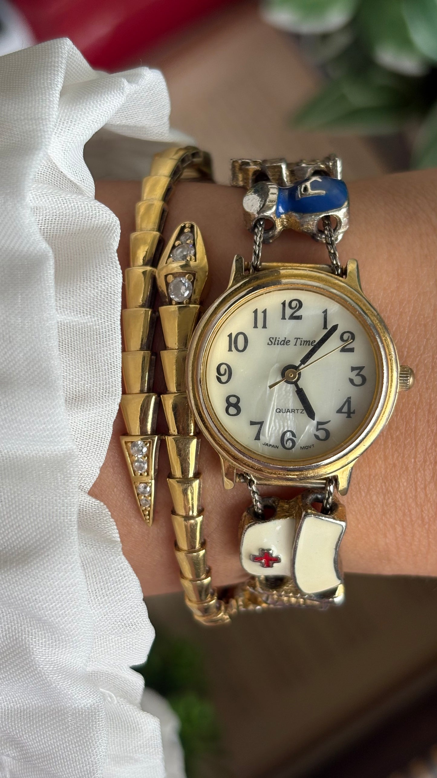 Vintage Medical Profession Charm Watch in Two-Tone Mother of Pearl Dial