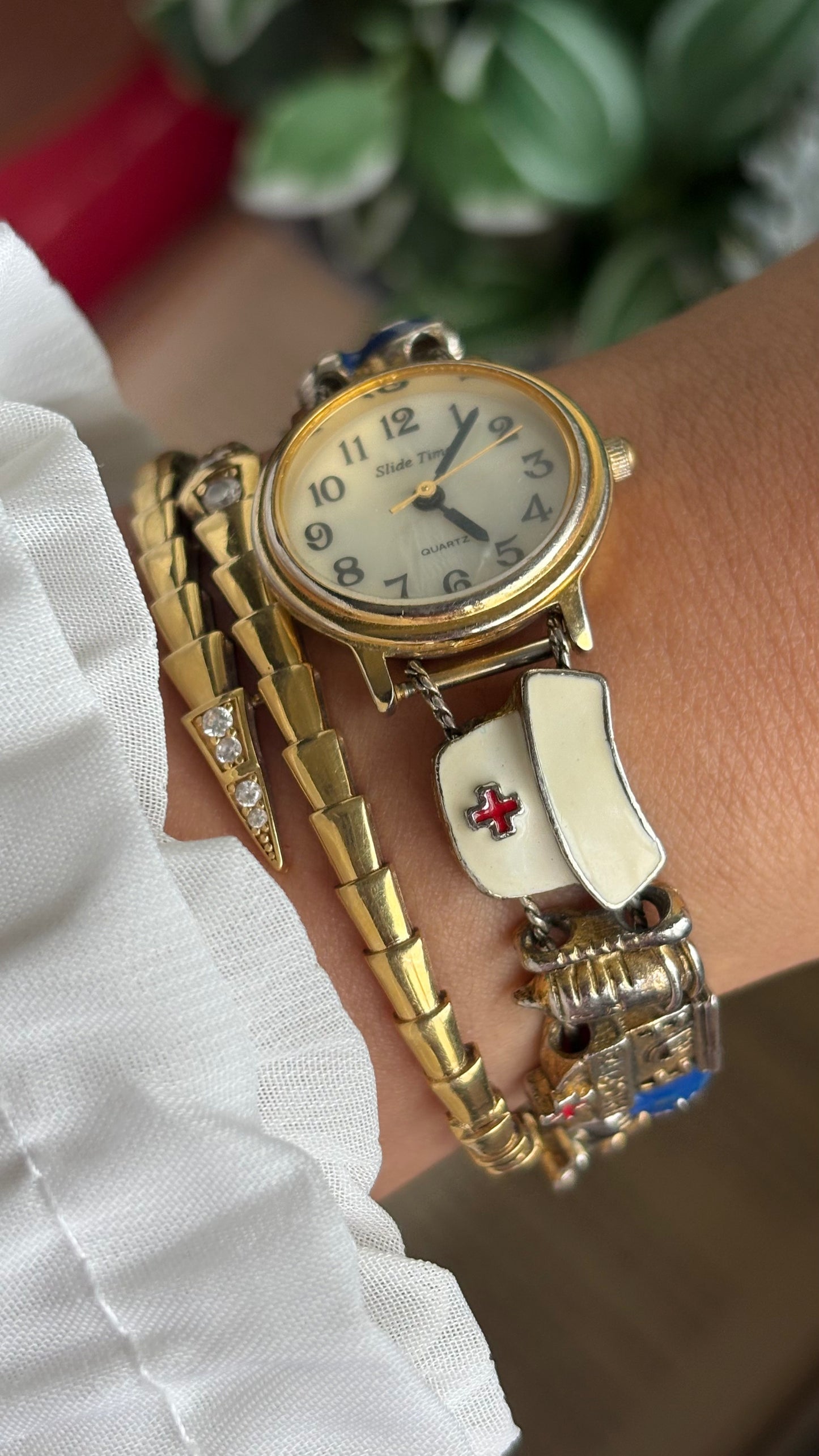 Vintage Medical Profession Charm Watch in Two-Tone Mother of Pearl Dial