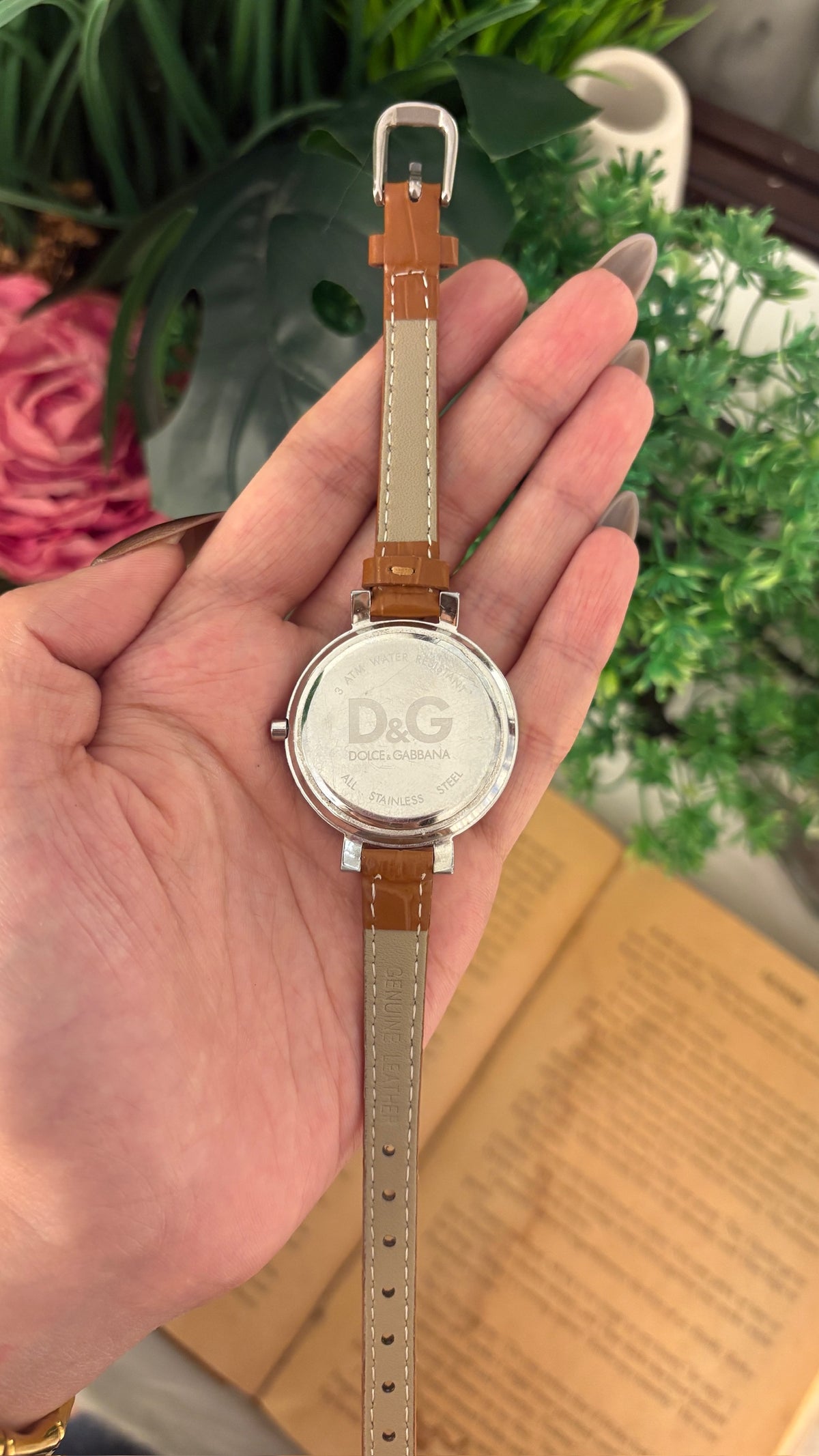 Rare Vintage Dolce and Gabbana Logo Dial Watch in Silver Tone Brown Leather Quartz