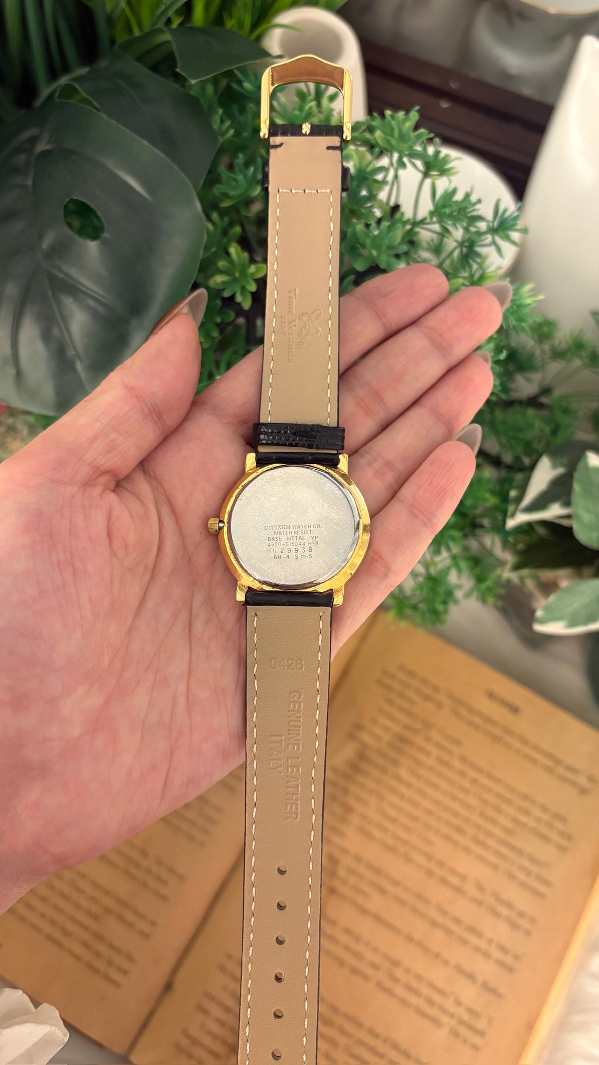 Rare Vintage Citizen Elegance Black Dial Watch in Gold Tone Black Leather Quartz
