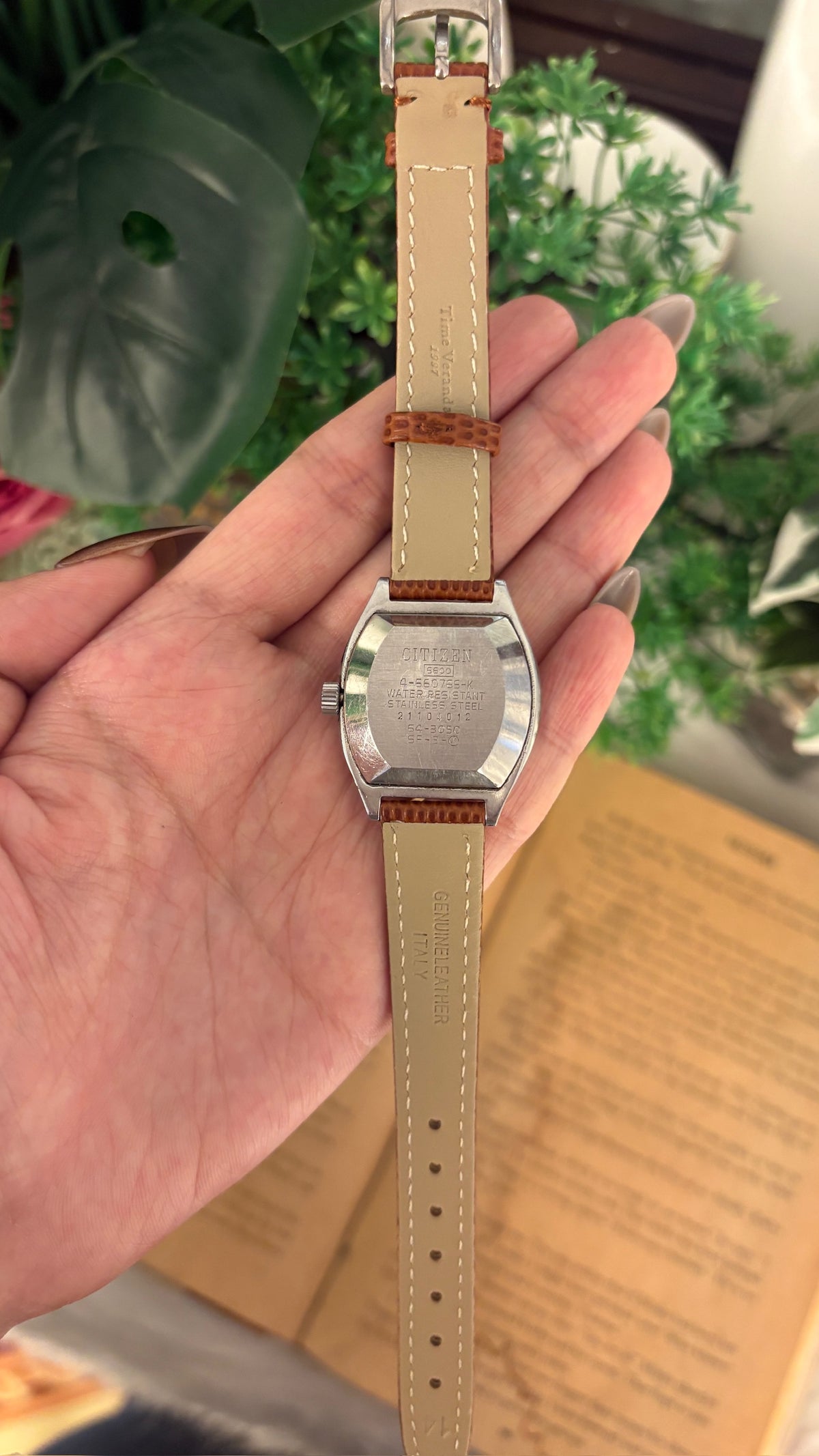 Rare Vintage Citizen Cosmostar V2 Television Style Dial Automatic Watch in Silver Tone Brown Leather