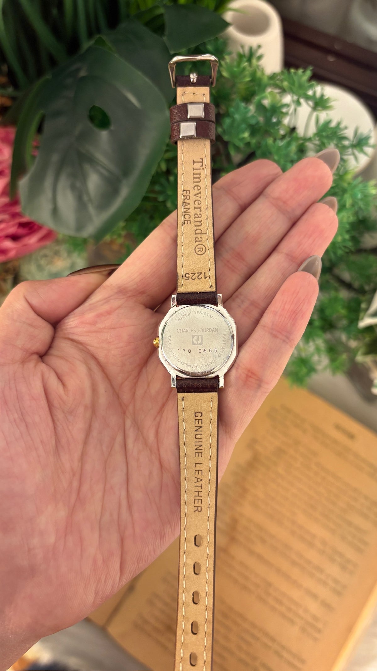 Vintage Charles Jourdan Roman Dial Watch in Gold Tone Brown Leather Quartz