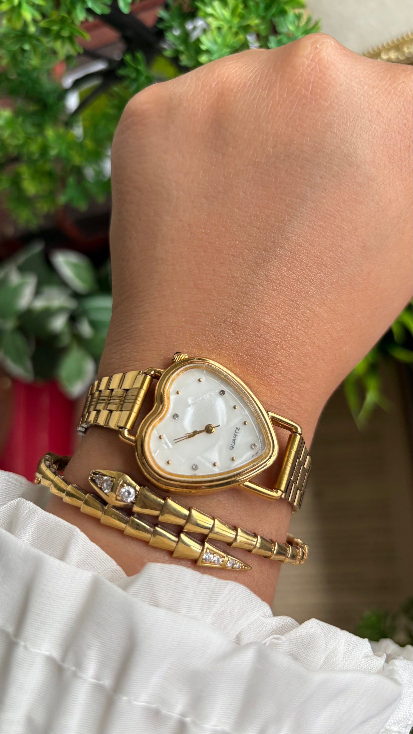 Vintage Heart Watch in Gold Tone Mother of Pearl Dial