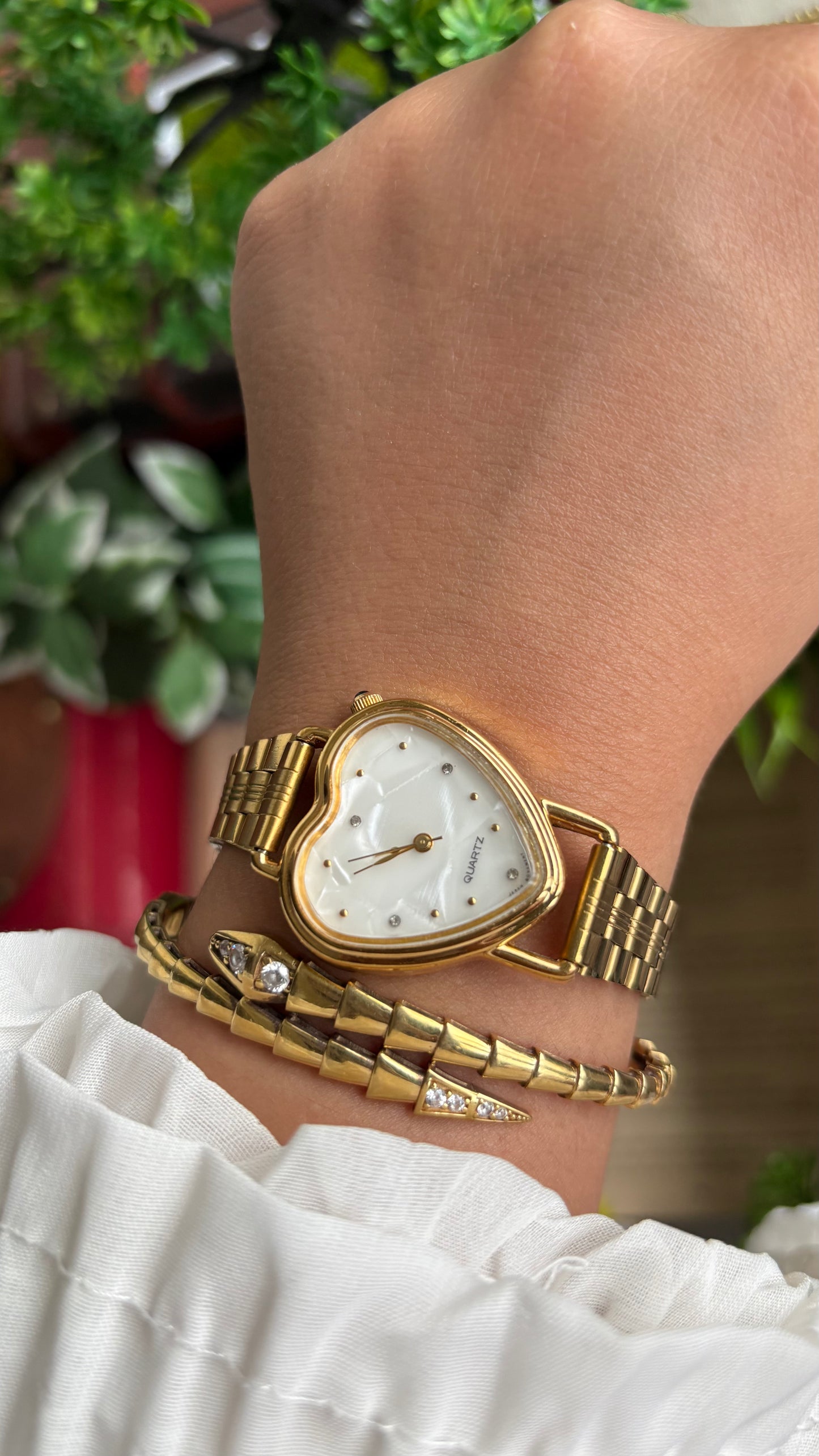 Vintage Heart Watch in Gold Tone Mother of Pearl Dial