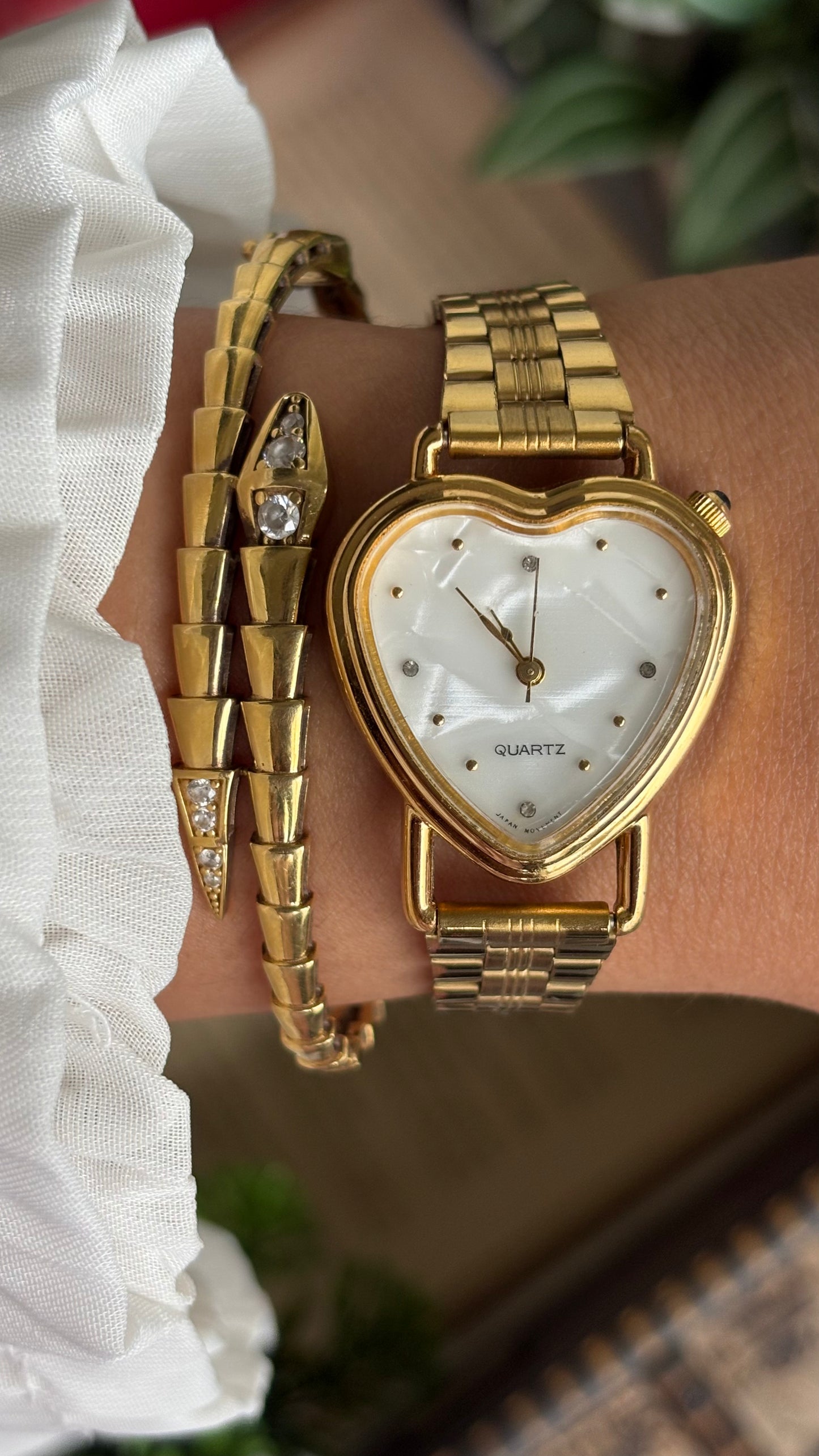 Vintage Heart Watch in Gold Tone Mother of Pearl Dial