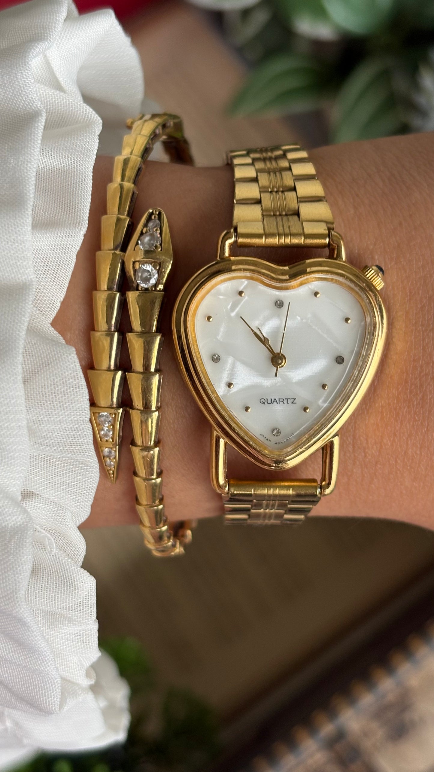 Vintage Heart Watch in Gold Tone Mother of Pearl Dial