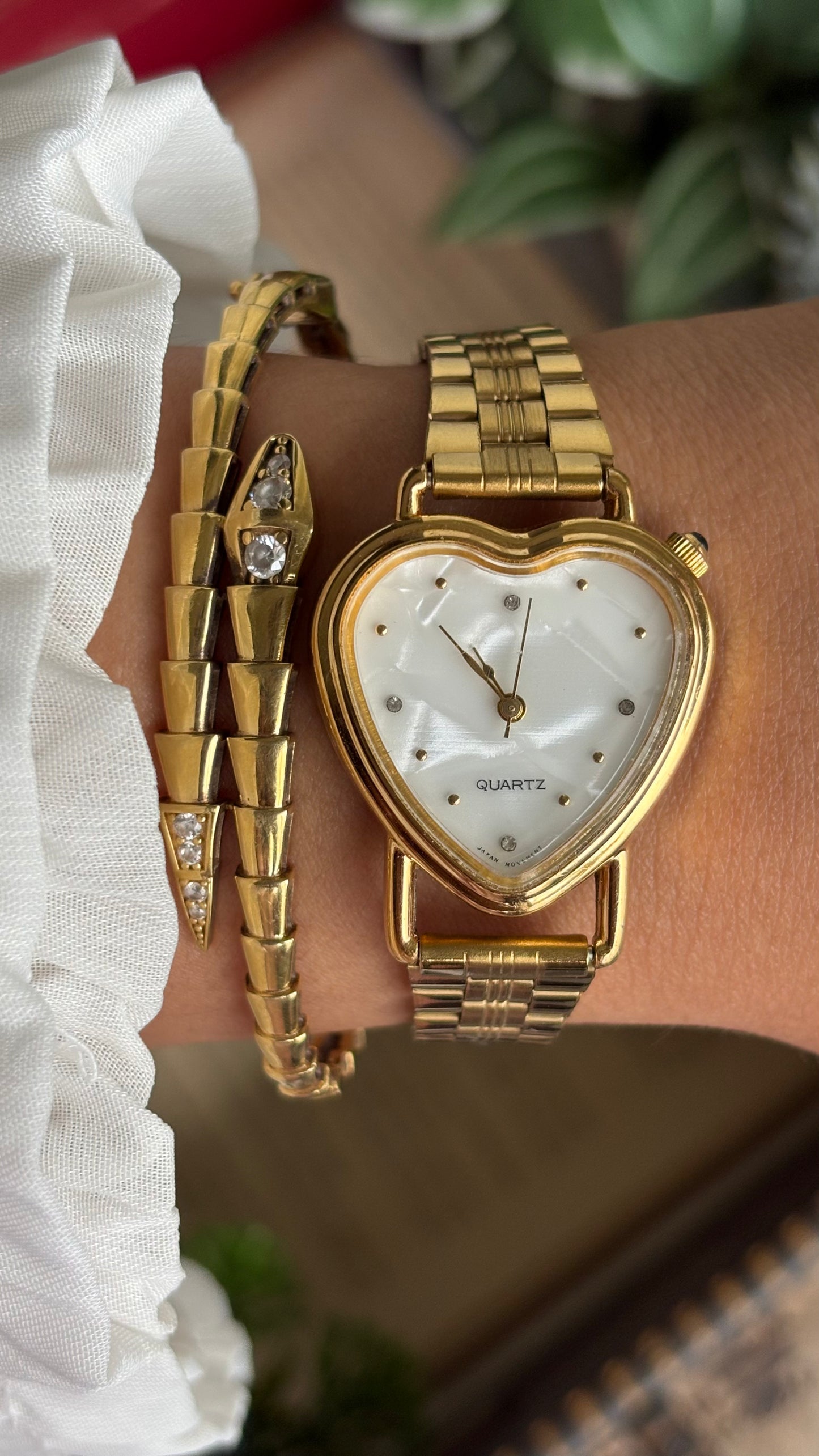 Vintage Heart Watch in Gold Tone Mother of Pearl Dial