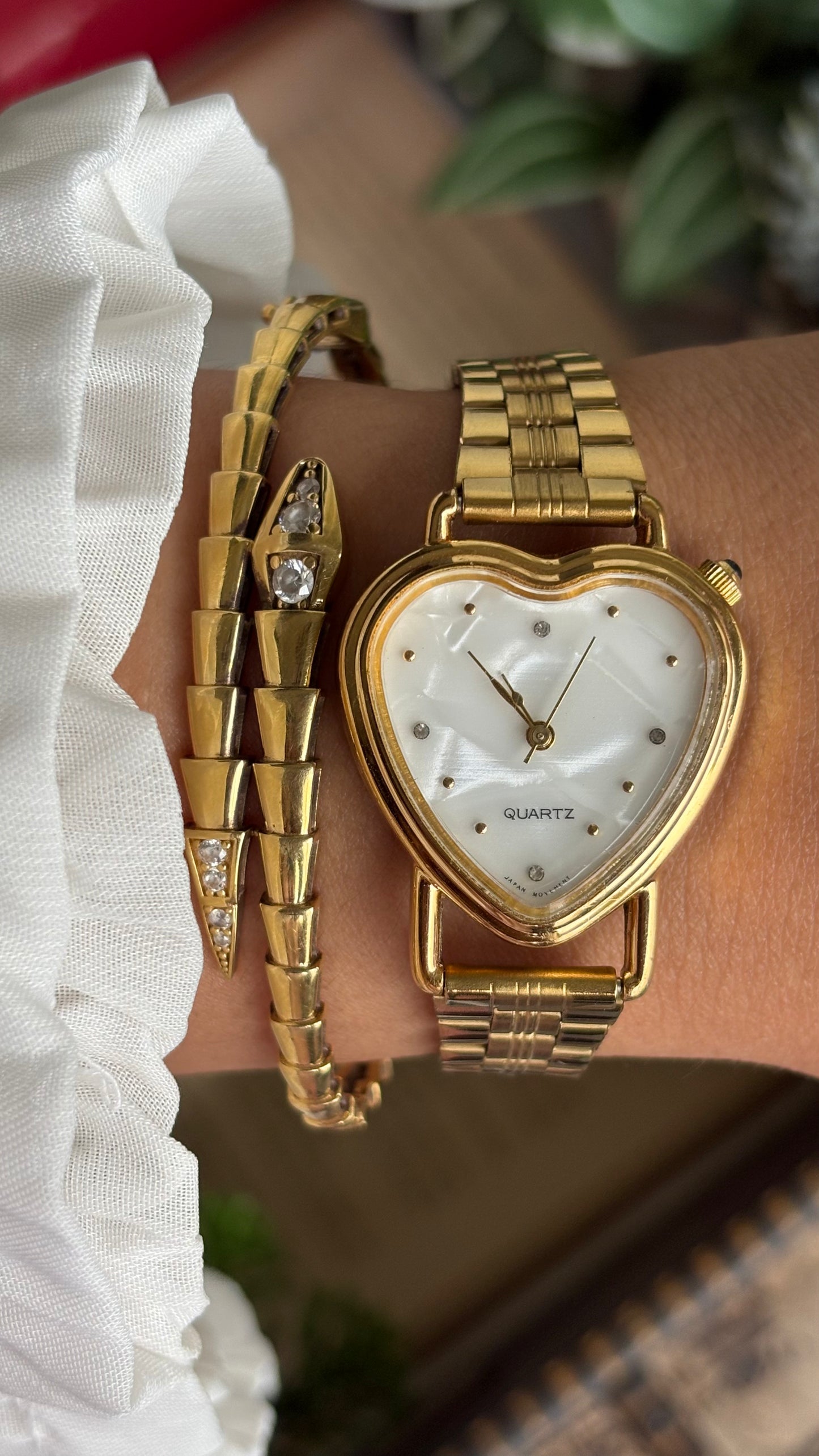 Vintage Heart Watch in Gold Tone Mother of Pearl Dial