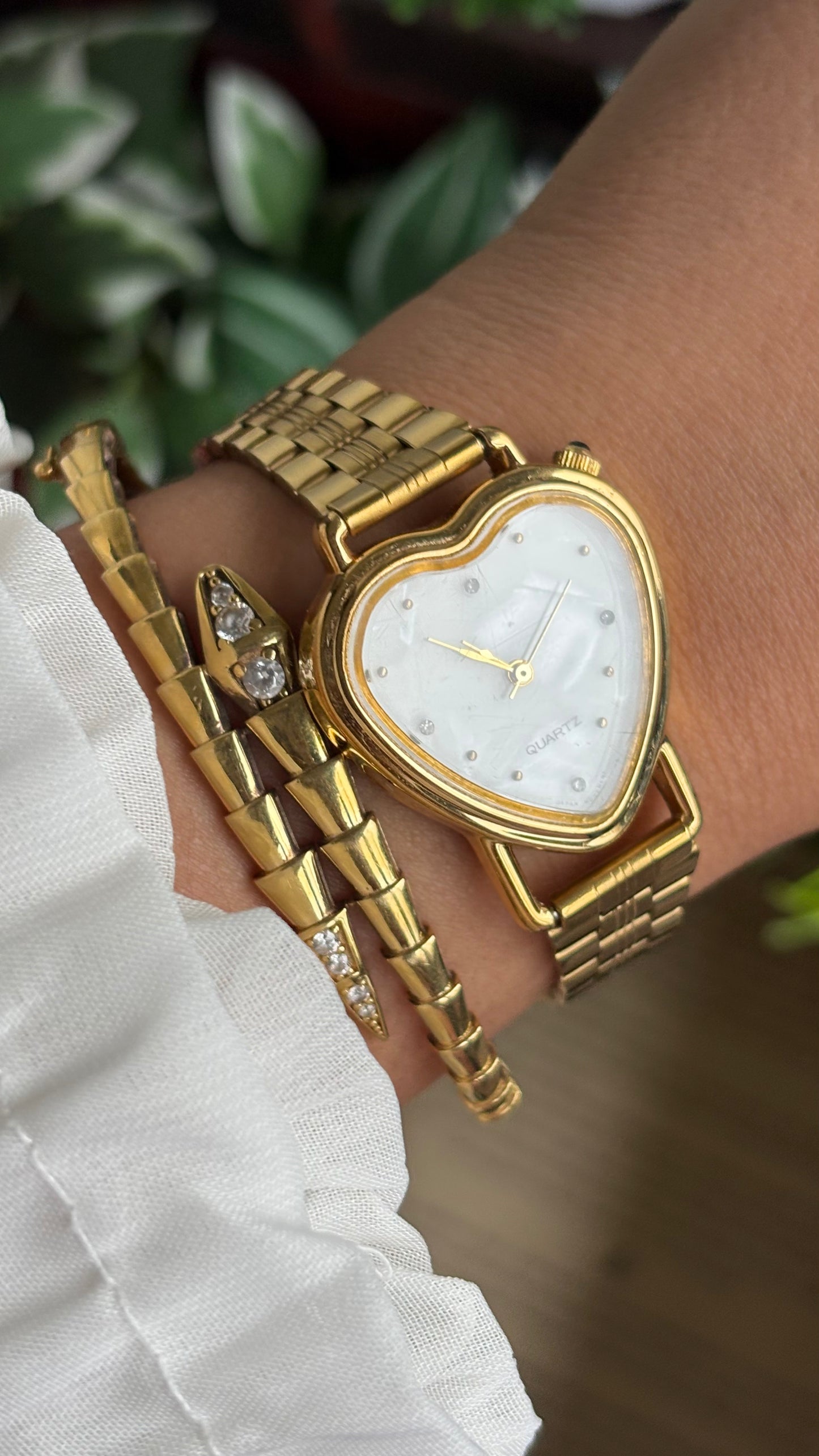 Vintage Heart Watch in Gold Tone Mother of Pearl Dial