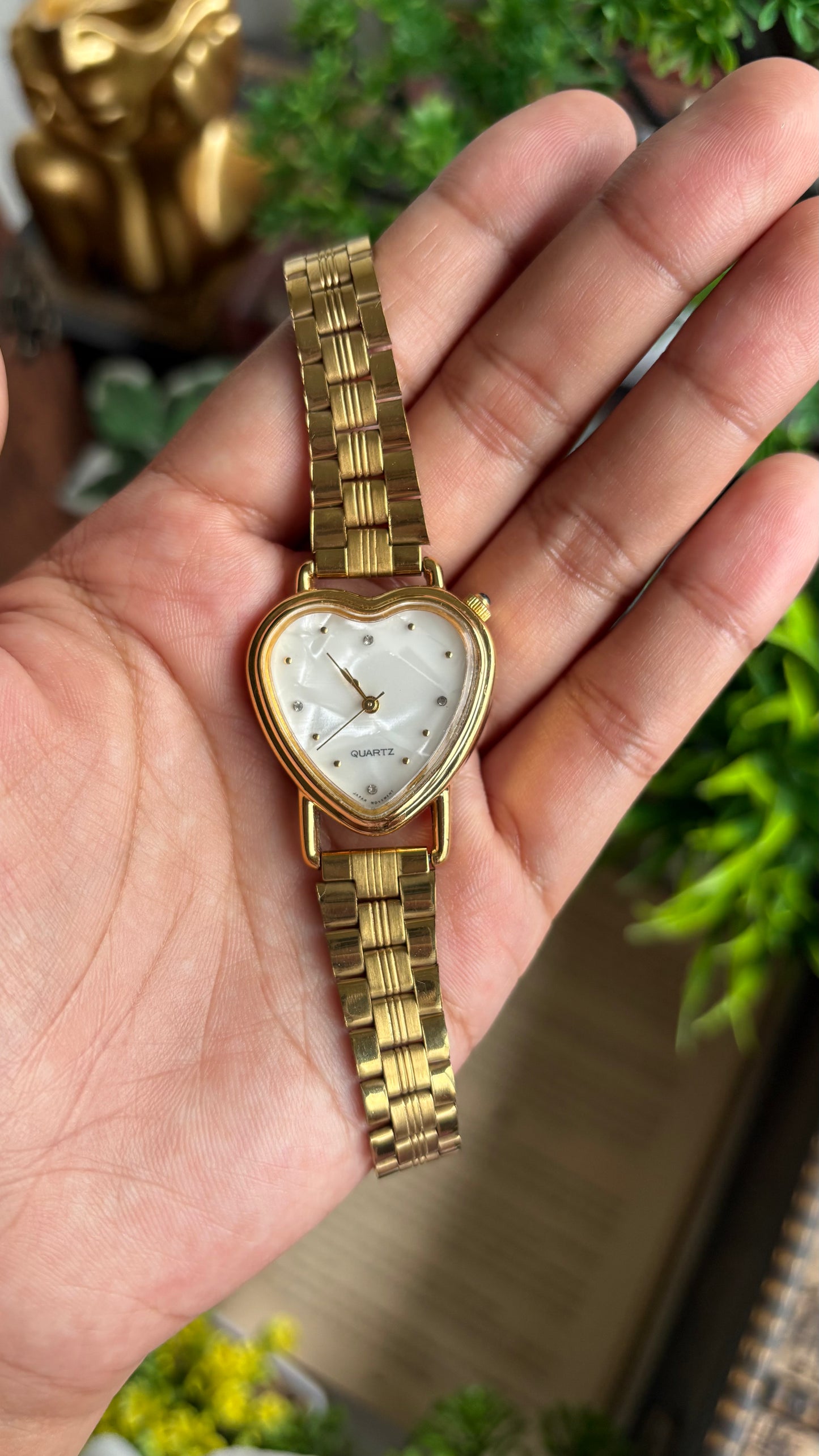 Vintage Heart Watch in Gold Tone Mother of Pearl Dial