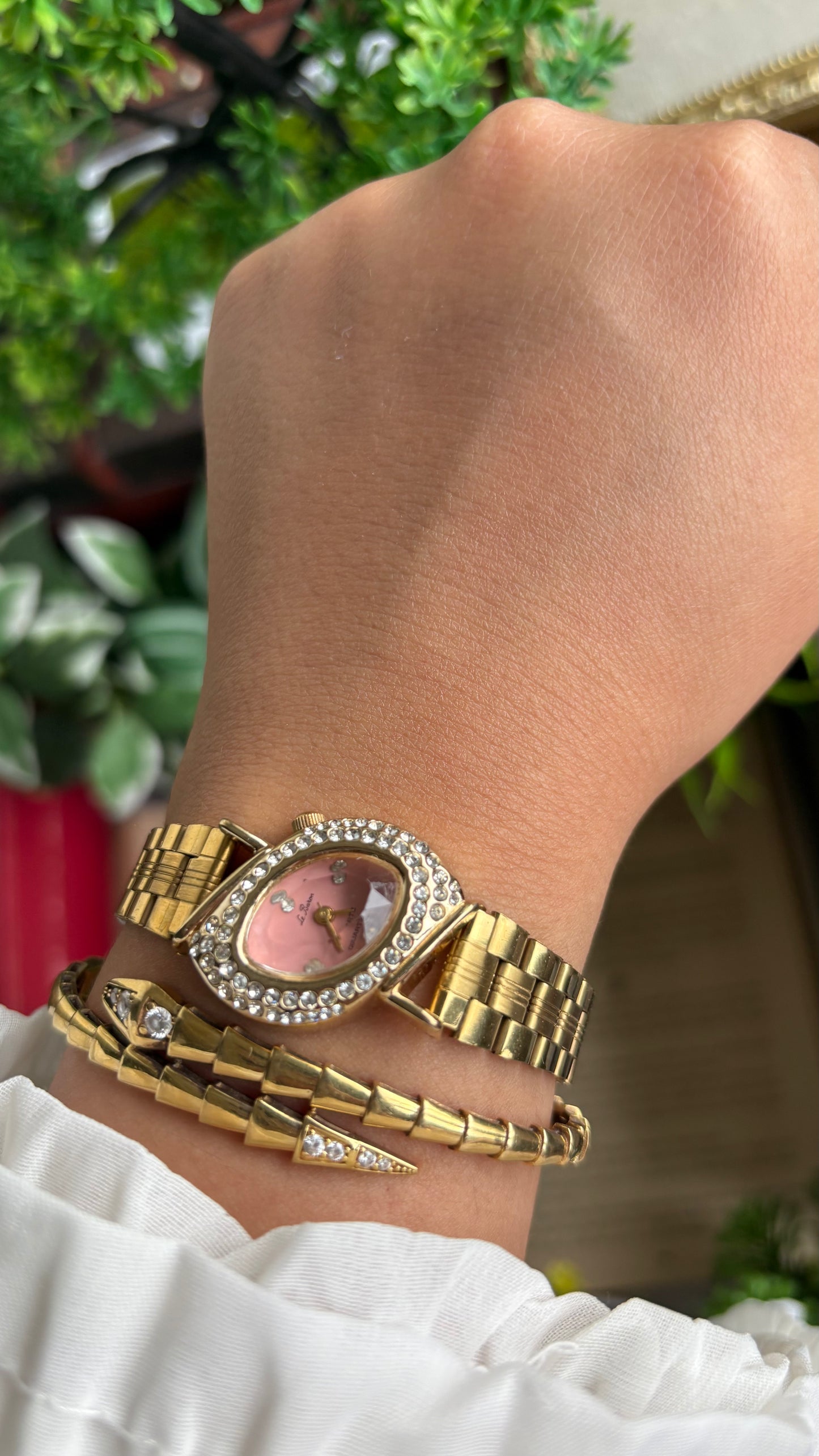 Vintage Le Baron Bejeweled Watch in Gold Tone Pink Dial Leaf Face Shape