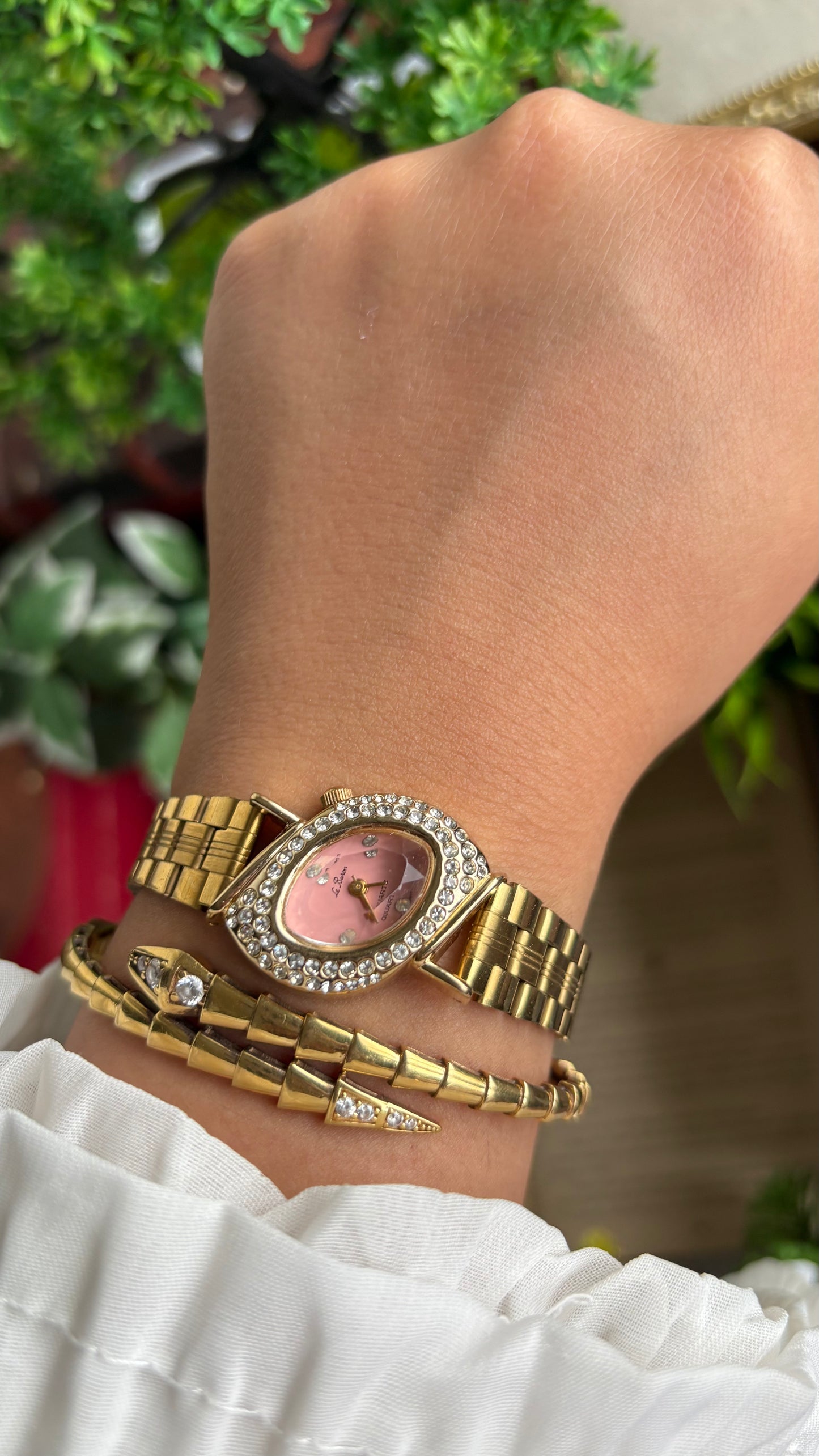 Vintage Le Baron Bejeweled Watch in Gold Tone Pink Dial Leaf Face Shape