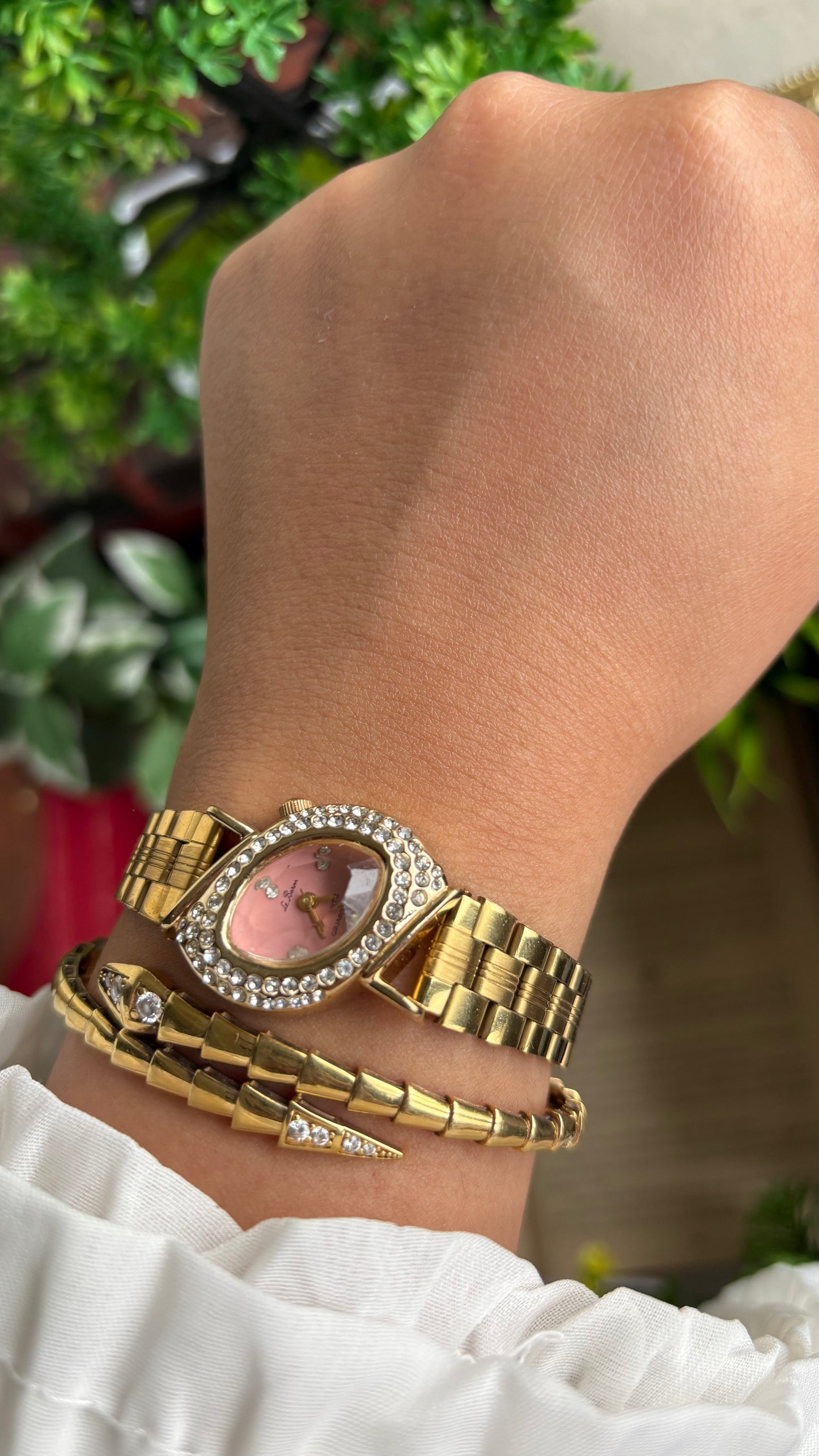 Vintage Le Baron Bejeweled Watch in Gold Tone Pink Dial Leaf Face Shape