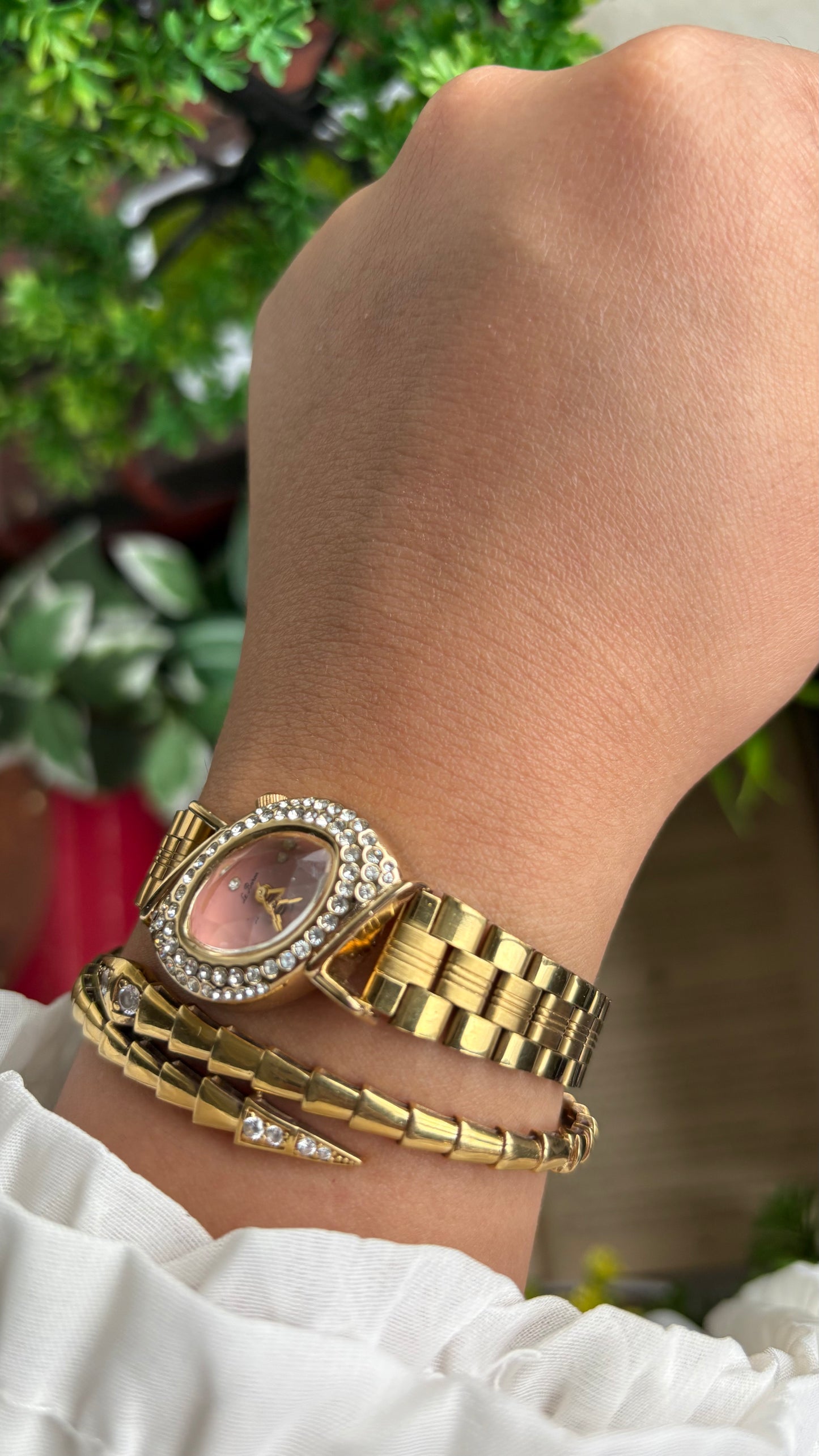 Vintage Le Baron Bejeweled Watch in Gold Tone Pink Dial Leaf Face Shape