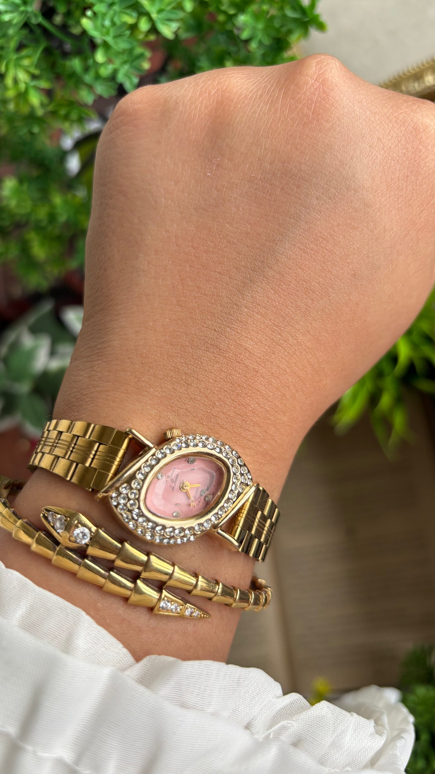 Vintage Le Baron Bejeweled Watch in Gold Tone Pink Dial Leaf Face Shape