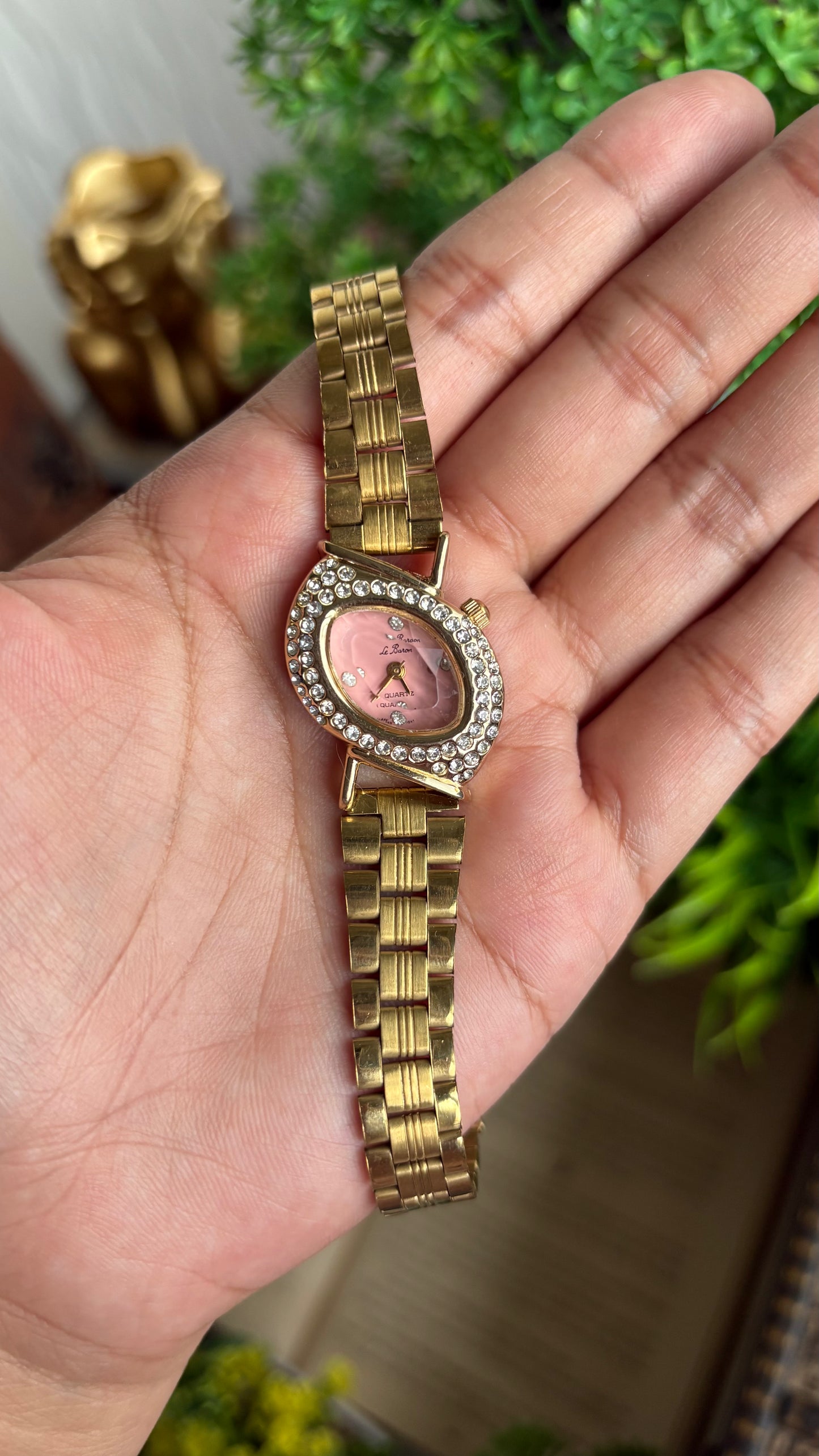 Vintage Le Baron Bejeweled Watch in Gold Tone Pink Dial Leaf Face Shape